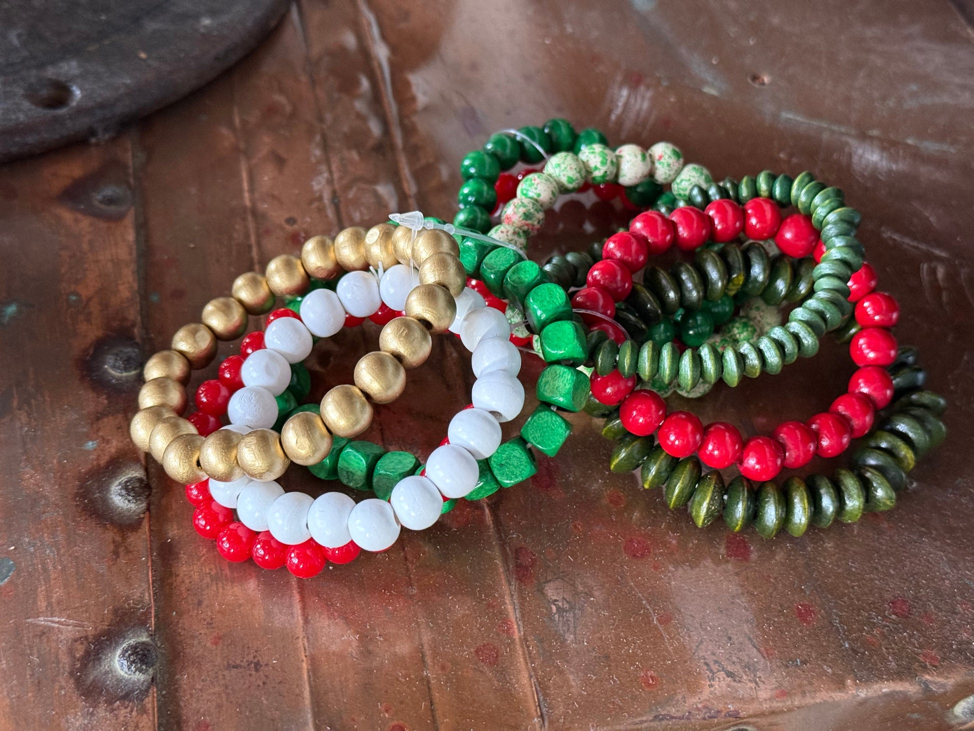 Set of Red/Green Bohemian Handmade Beaded Bracelets