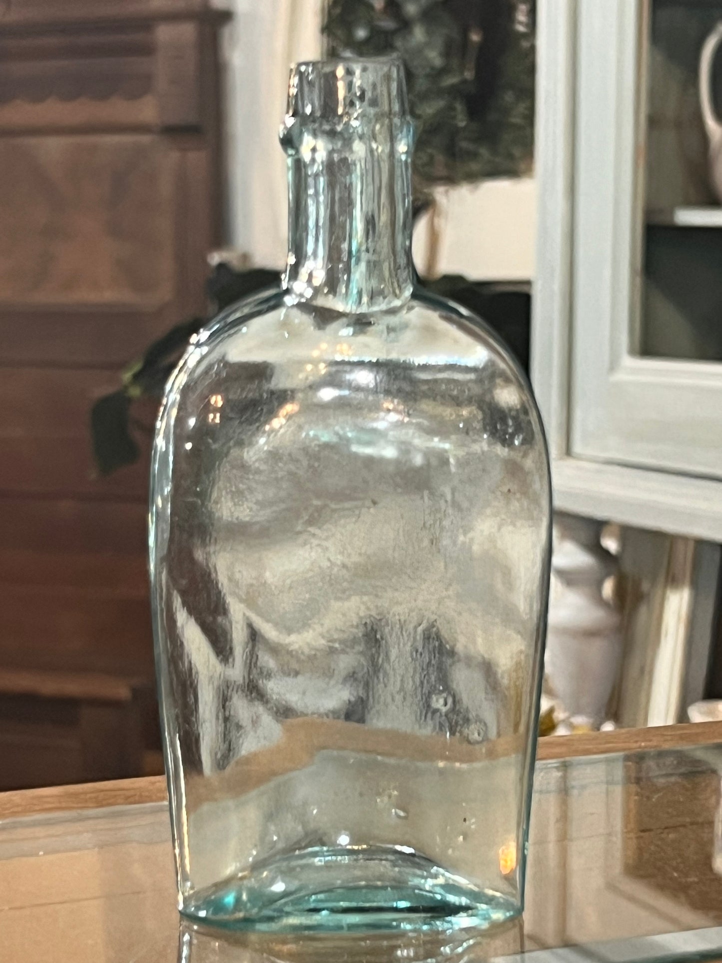 Antique Clear Blue Green Glass Flask Pocket Bottle