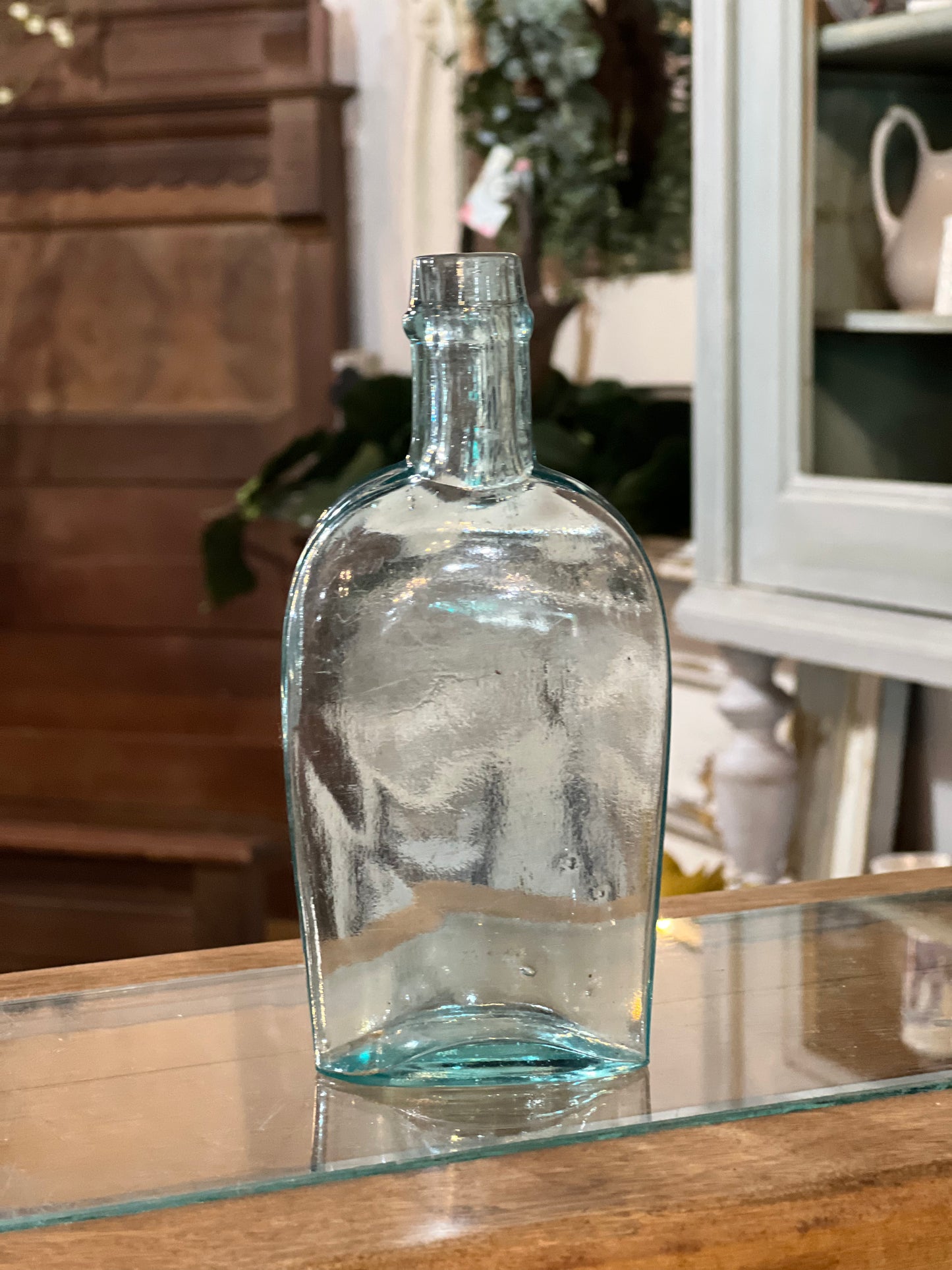 Antique Clear Blue Green Glass Flask Pocket Bottle