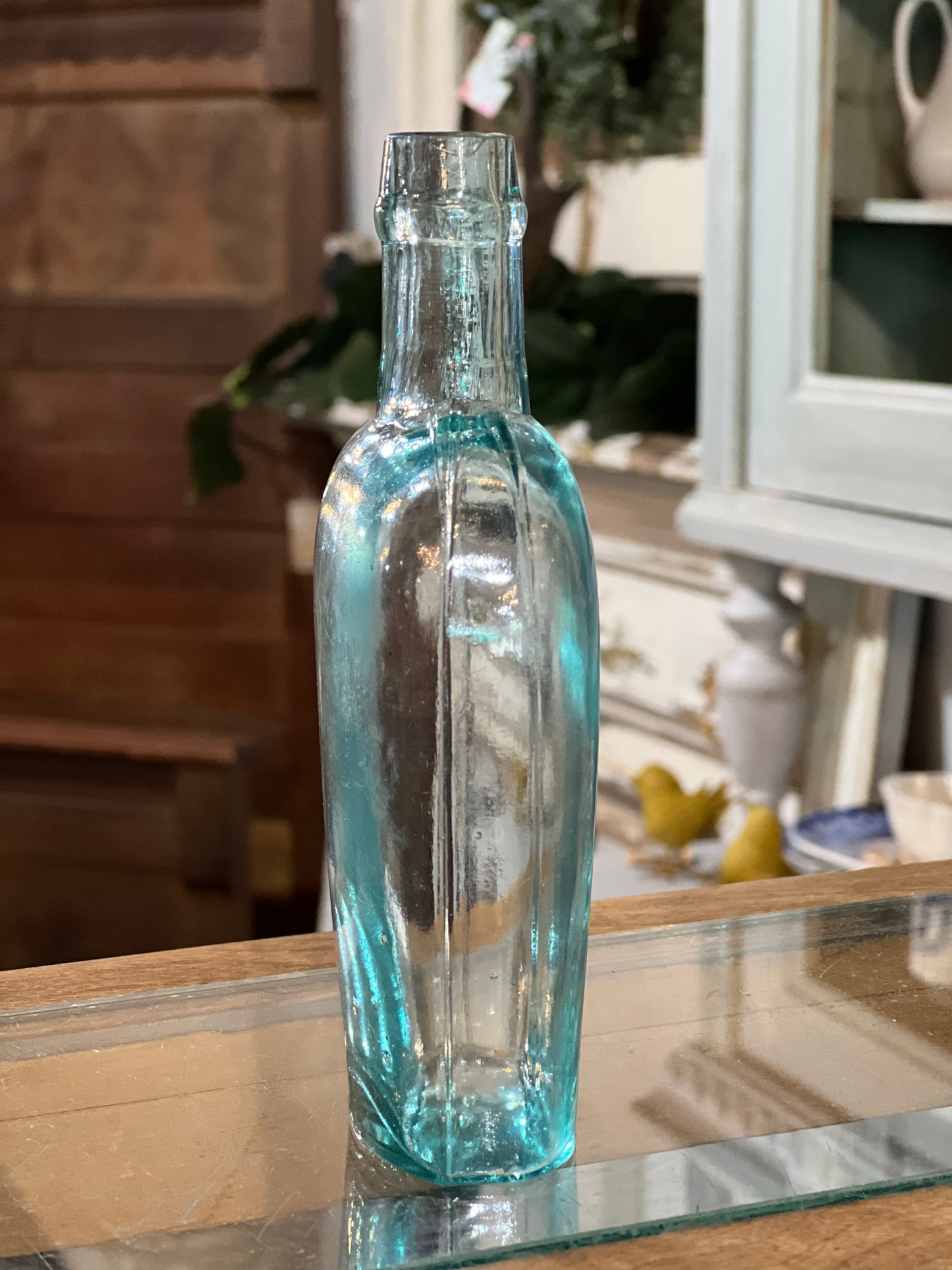 Antique Clear Blue Green Glass Flask Pocket Bottle