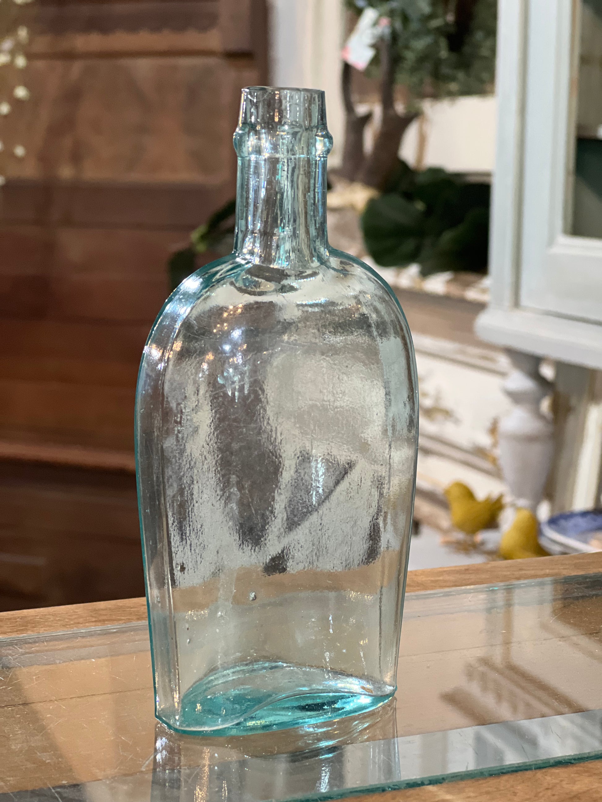 Antique Clear Blue Green Glass Flask Pocket Bottle