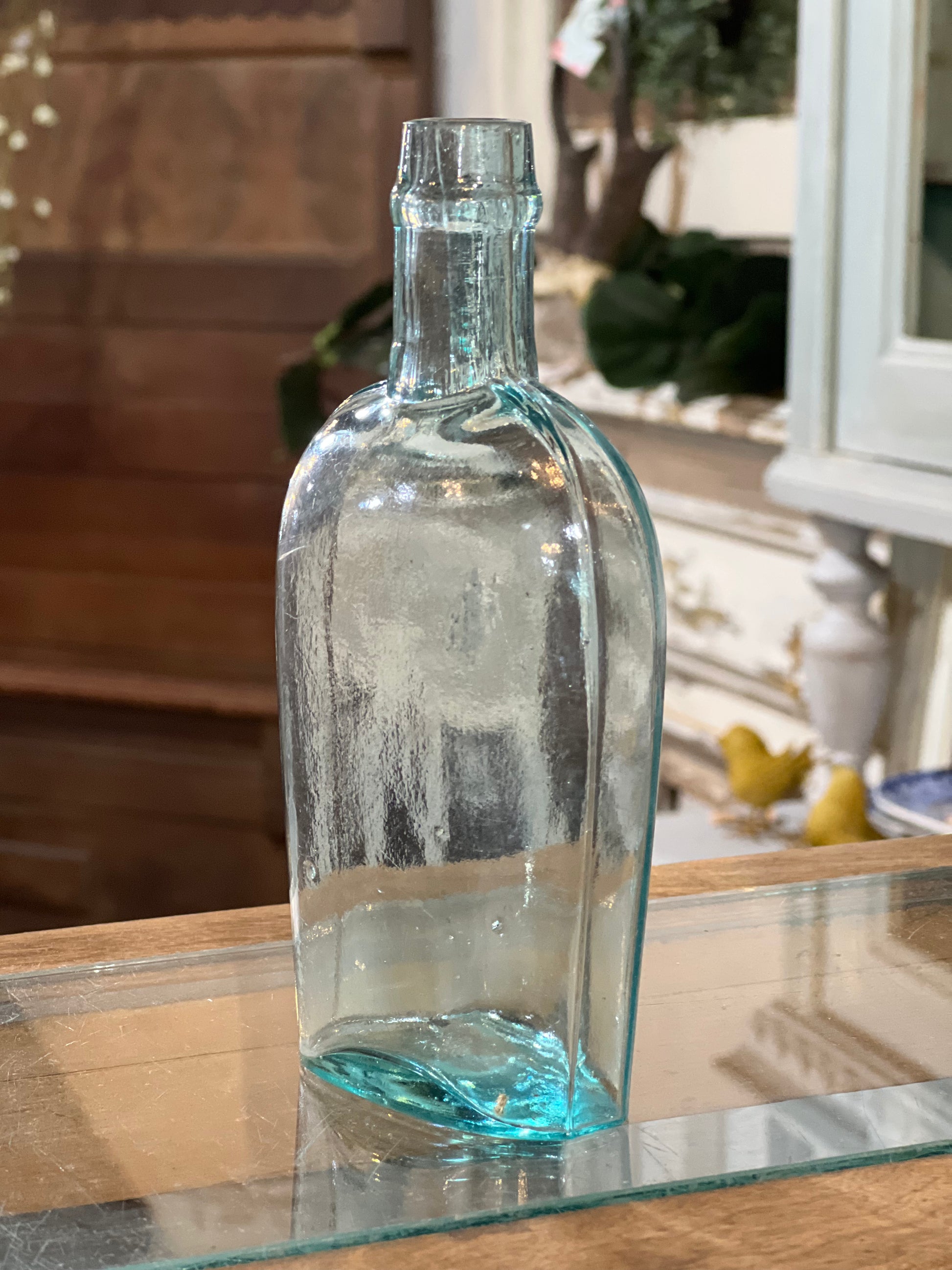 Antique Clear Blue Green Glass Flask Pocket Bottle