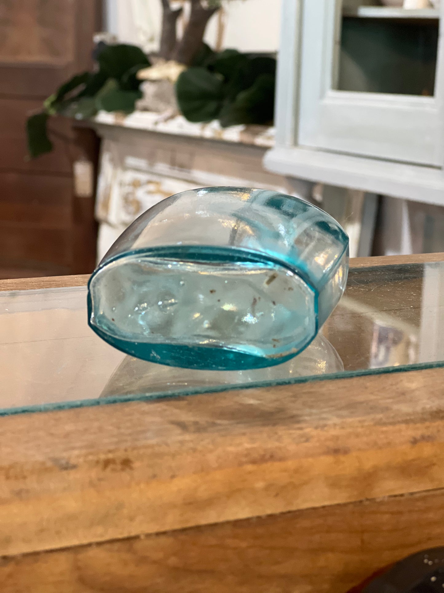 Antique Clear Blue Green Glass Flask Pocket Bottle