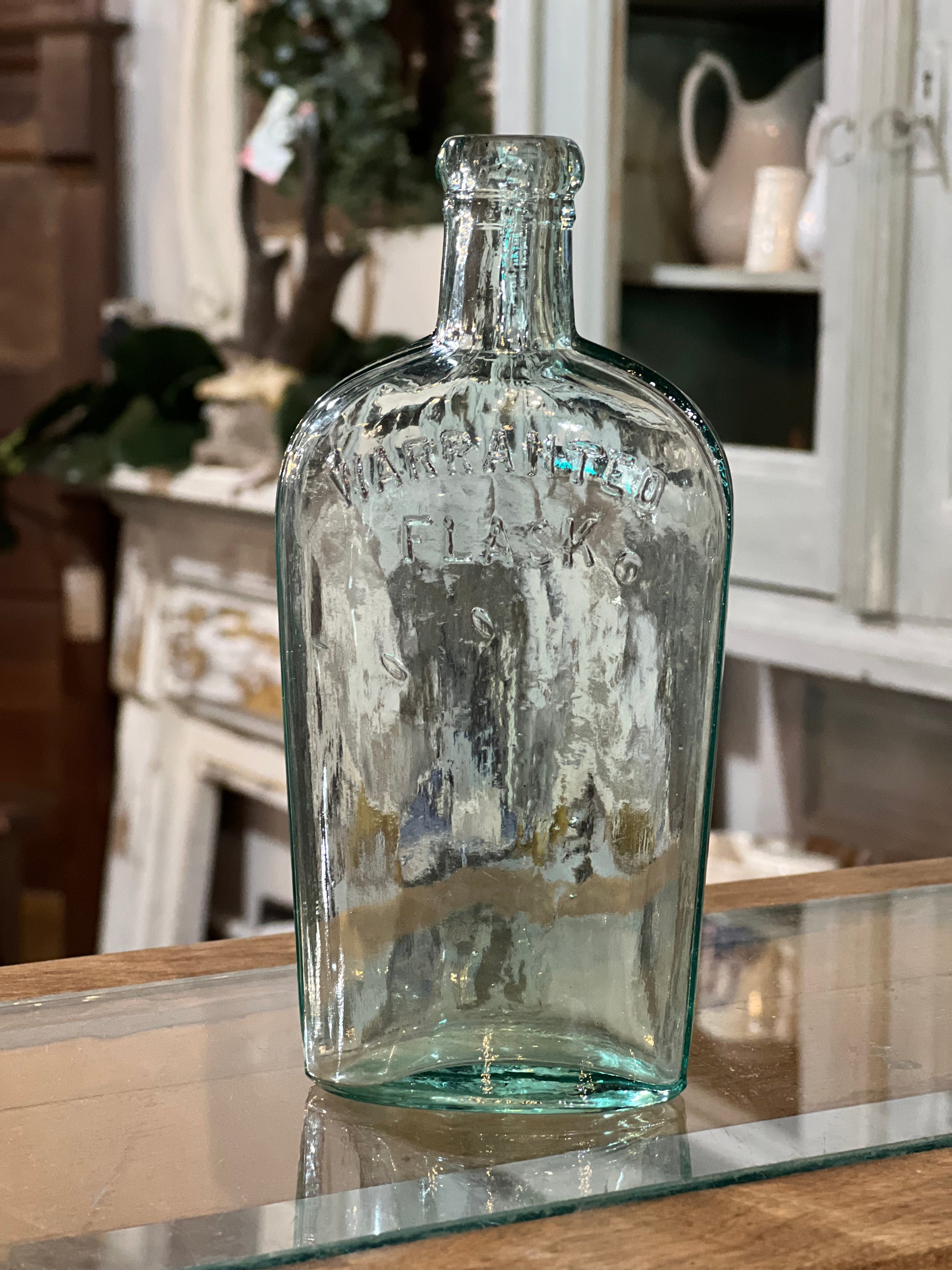 Antique Clear Green Glass Flask Bottle Warranted