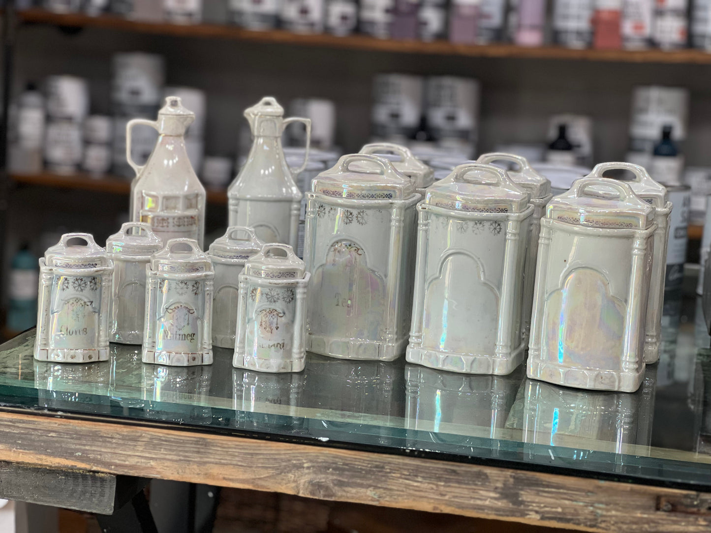 Antique German Lusterware Iridescent Porcelain Kitchen Canisters &amp; Spice Jars (Sold Individually) The Mustard Seed Collection, The Seed