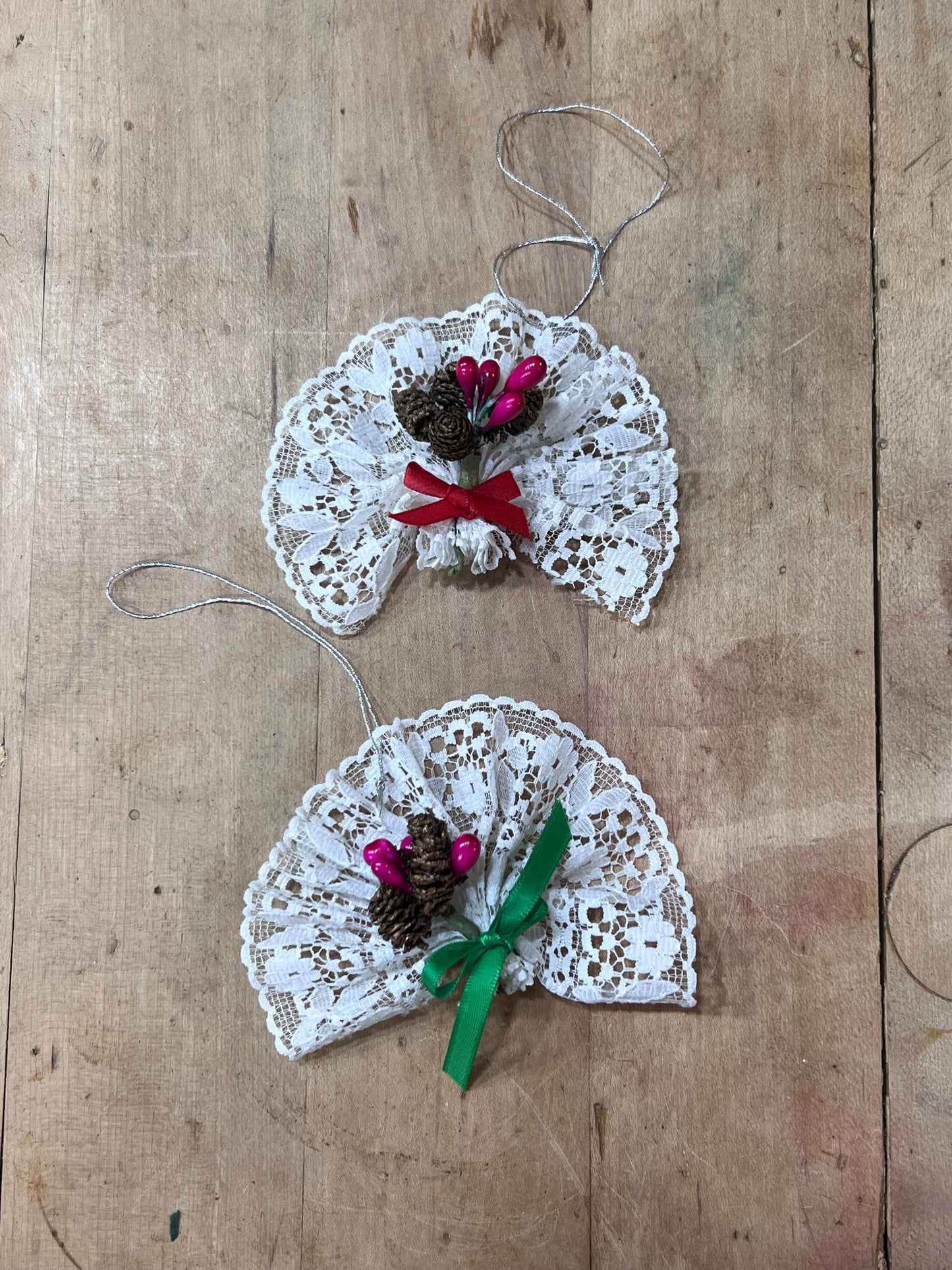 Vintage Russ Berrie White Lace Fan Christmas Ornaments - Set of 2 Wildwood Auction