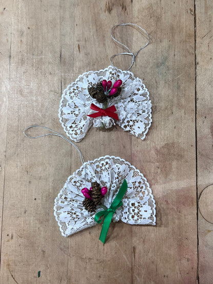 Vintage Russ Berrie White Lace Fan Christmas Ornaments - Set of 2 Wildwood Auction