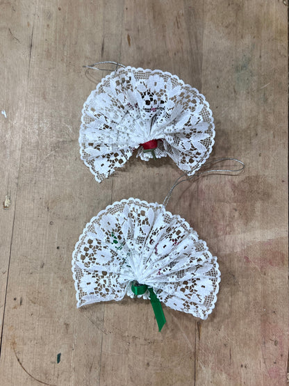Vintage Russ Berrie White Lace Fan Christmas Ornaments - Set of 2 Wildwood Auction