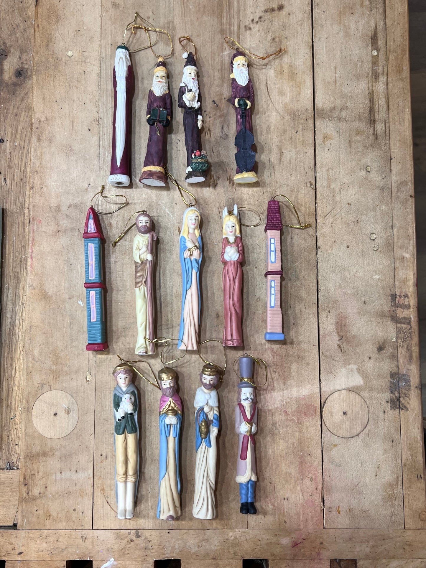 Hand-Painted Slender Christmas Tree Ornaments - Individual Santas, Nativity, and Tower Figures Wildwood Auction