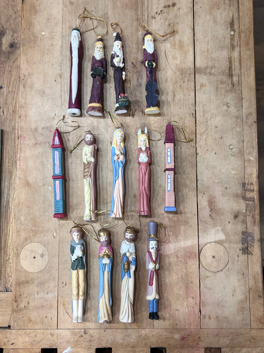 Hand-Painted Slender Christmas Tree Ornaments - Individual Santas, Nativity, and Tower Figures Wildwood Auction