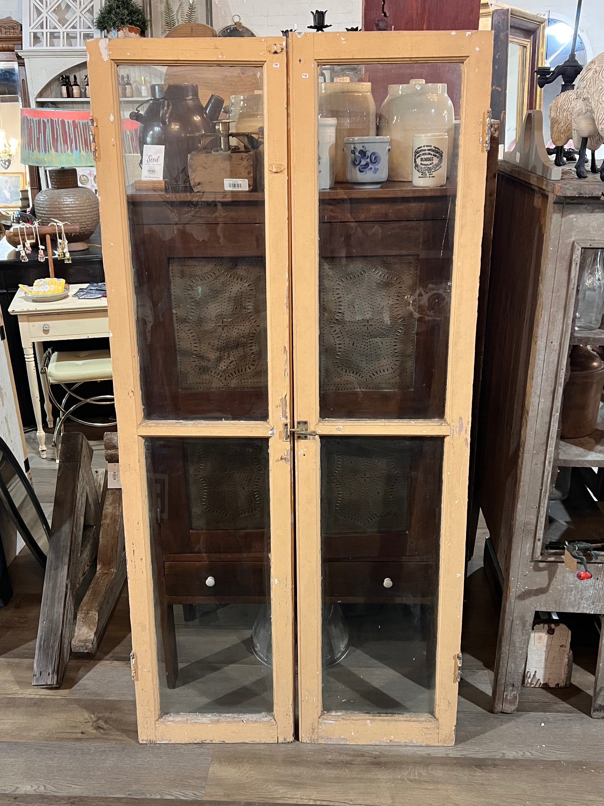 Antique Salvaged Glass Cabinet Doors - Primitive Chippy Beige Pantry Hutch Tall French Window Pane Single Door Grumpy's