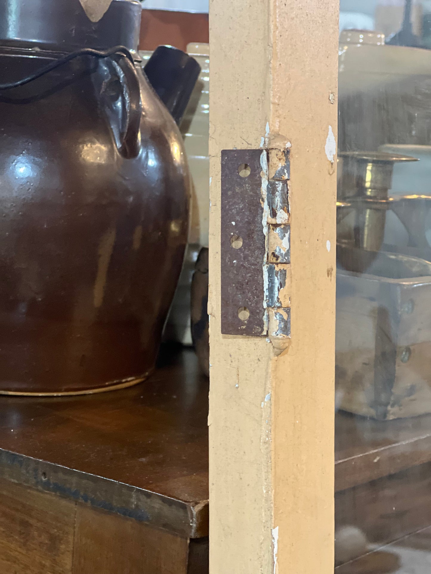Antique Salvaged Glass Cabinet Doors - Primitive Chippy Beige Pantry Hutch Tall French Window Pane Single Door Grumpy's