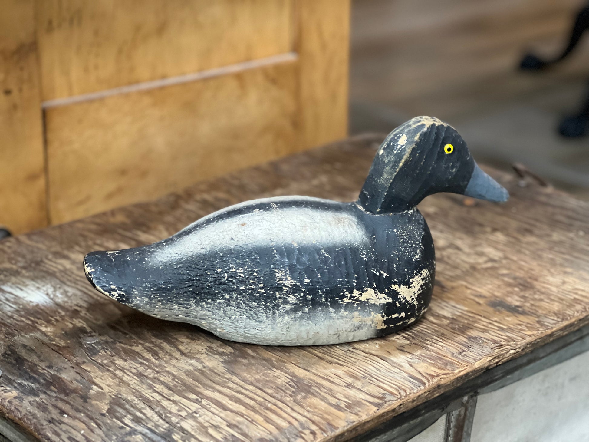 A hand-painted wooden duck deco, likely a tufted duck, resting on a rustic wooden table. The deco features a black head and back, a white belly, and a small yellow eye with a gray beak.