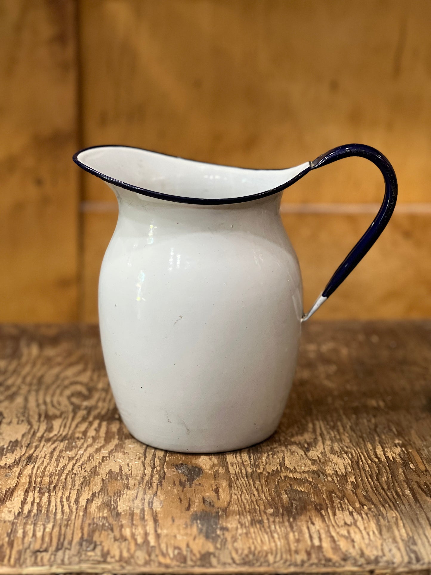 Vintage Farmhouse White Enamelware Pitcher with Cobalt Blue Trim
