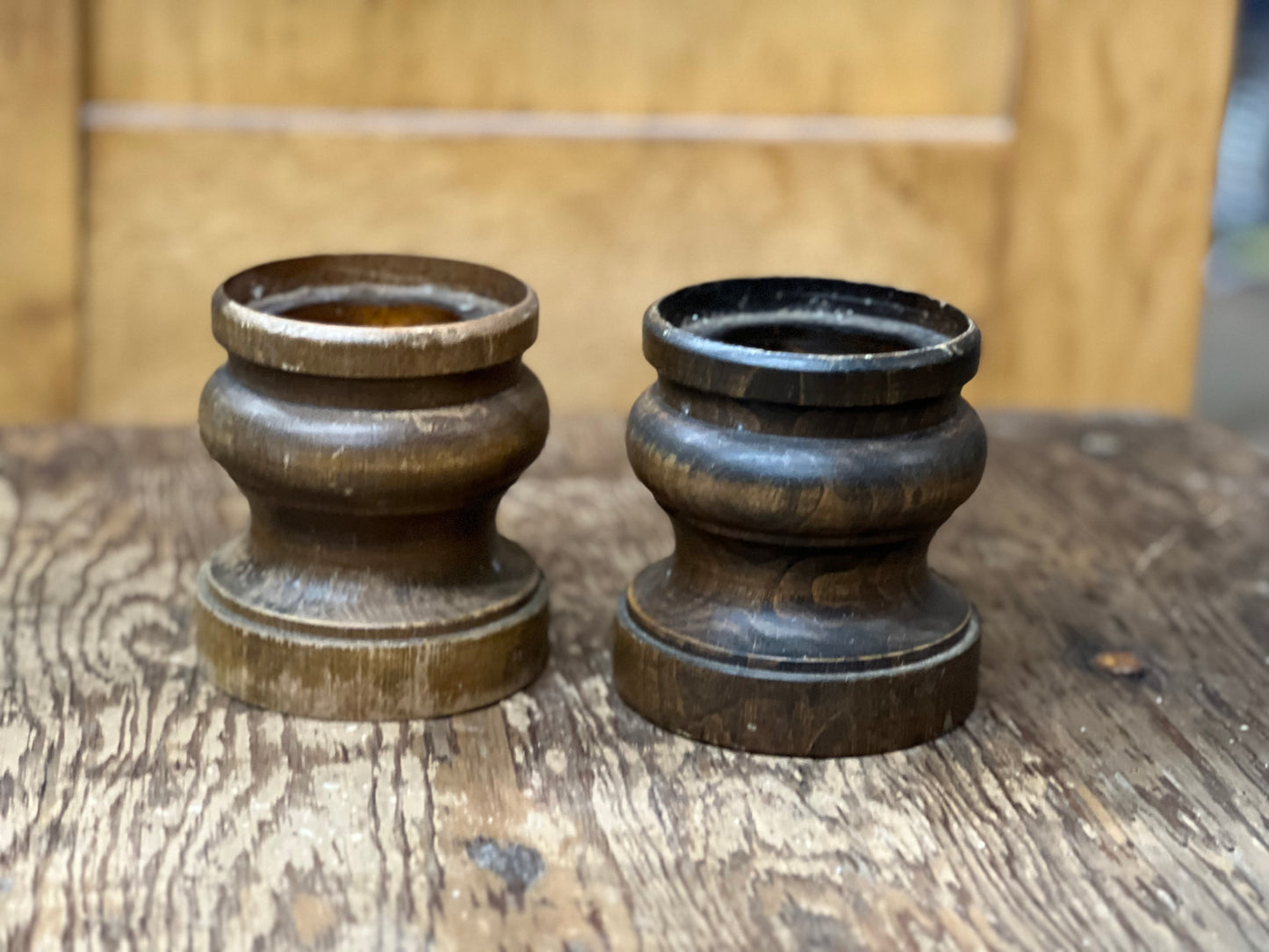 Vintage Turned Wood Pillar Candle Holders – Set of 2