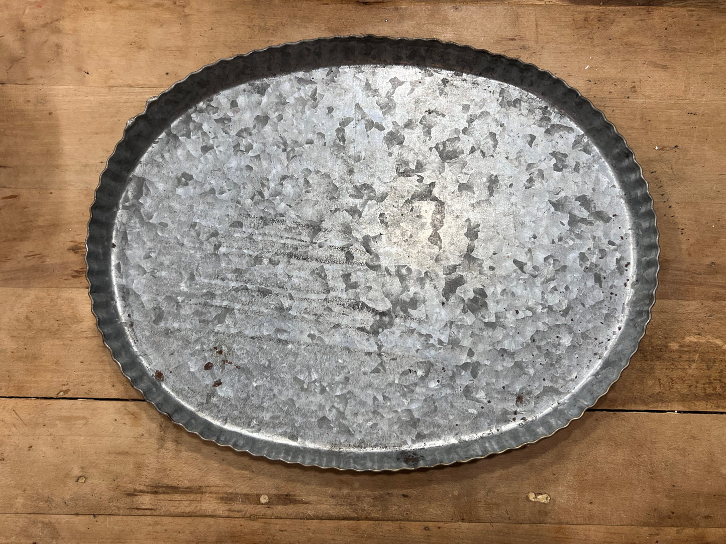 Vintage Galvanized Metal Oval Tray with Fluted Edges