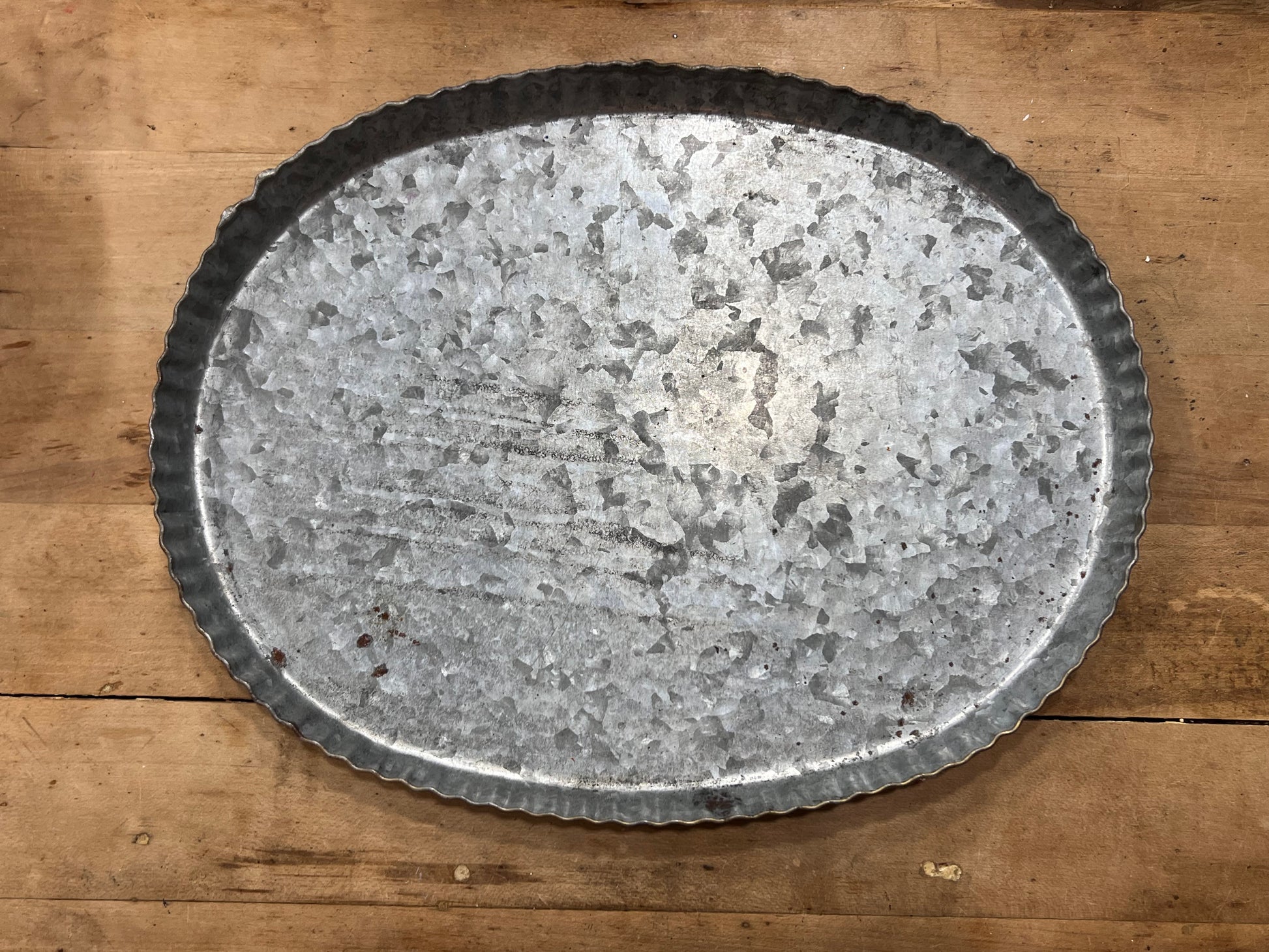 Vintage Galvanized Metal Oval Tray with Fluted Edges