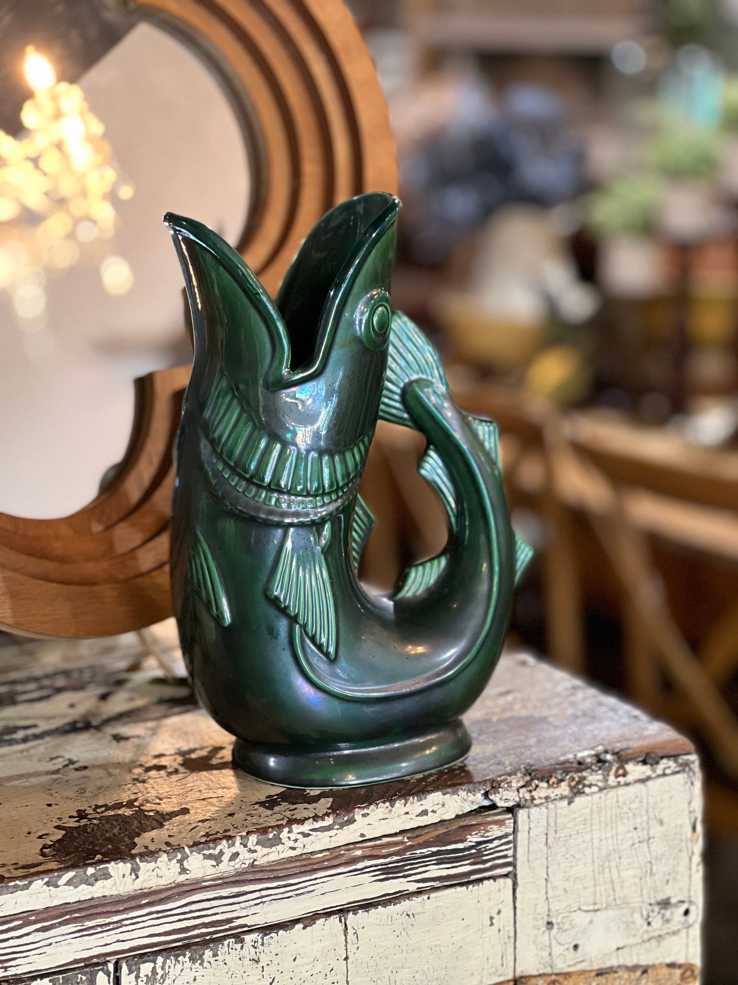 Vintage Shreve, Crump & Low Co. "Gurgling Cod" Fish Pitcher Vase – Iridescent Green Glaze (Made in England)