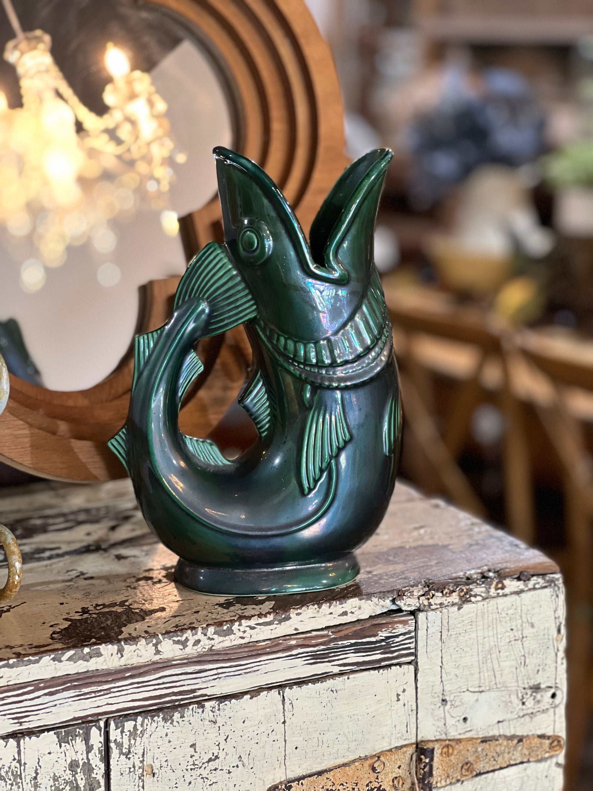 Vintage Shreve, Crump & Low Co. "Gurgling Cod" Fish Pitcher Vase – Iridescent Green Glaze (Made in England)