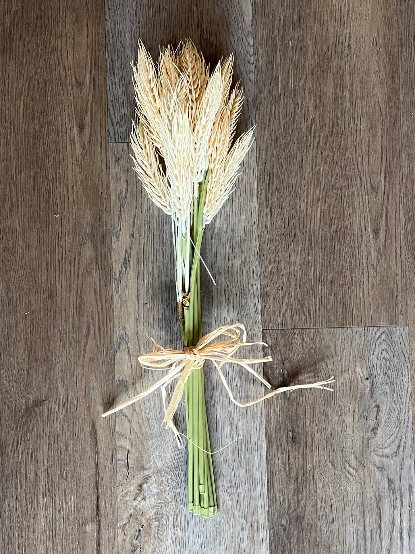 A bundle of dried ornamental grass with golden-tan seed heads and green stems, tied with a natural twine bow, placed on a brown wood plank floor.