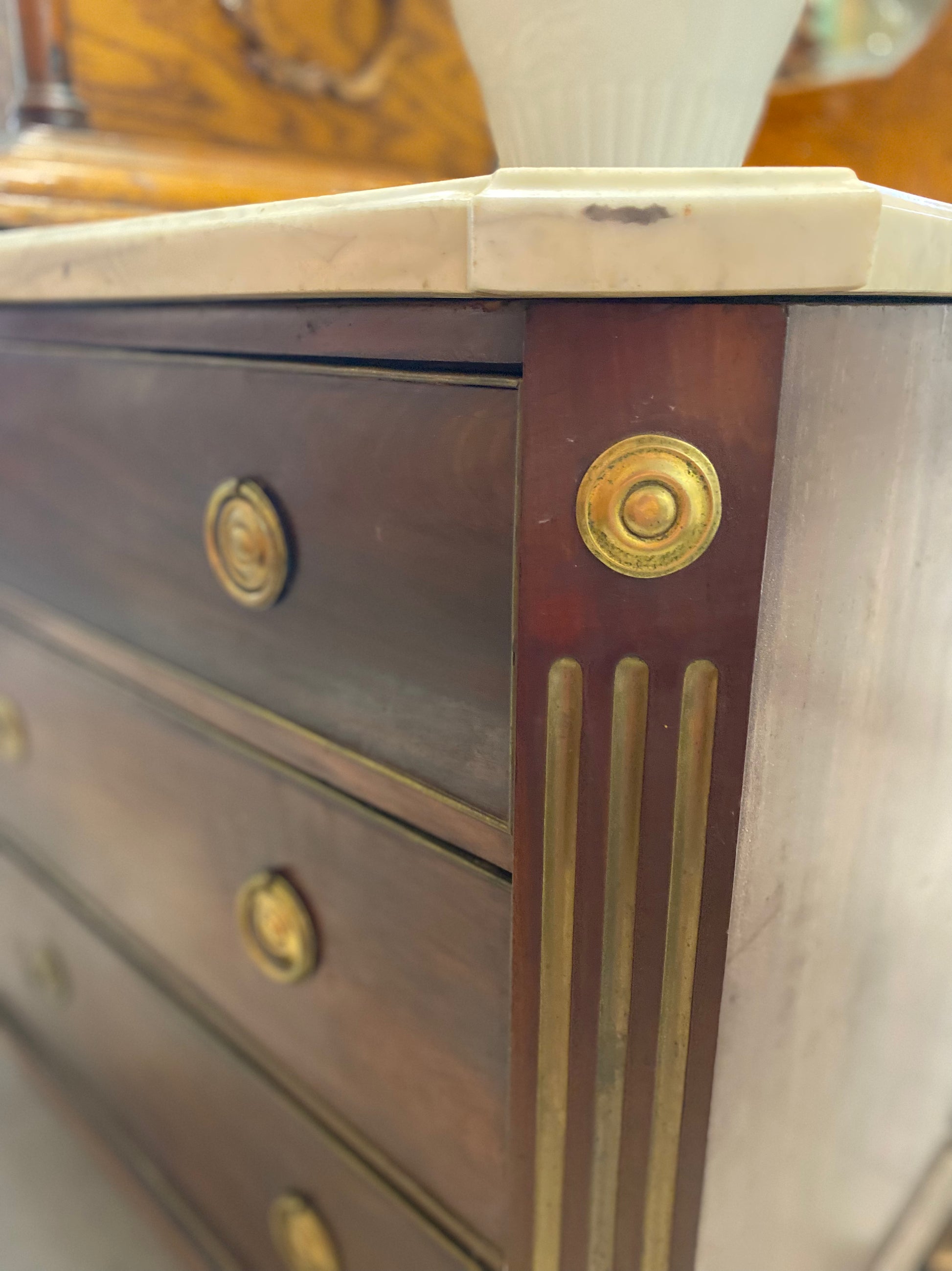 Antique 1890's Marble Top Dresser with Brass overlay knobs and embellishments