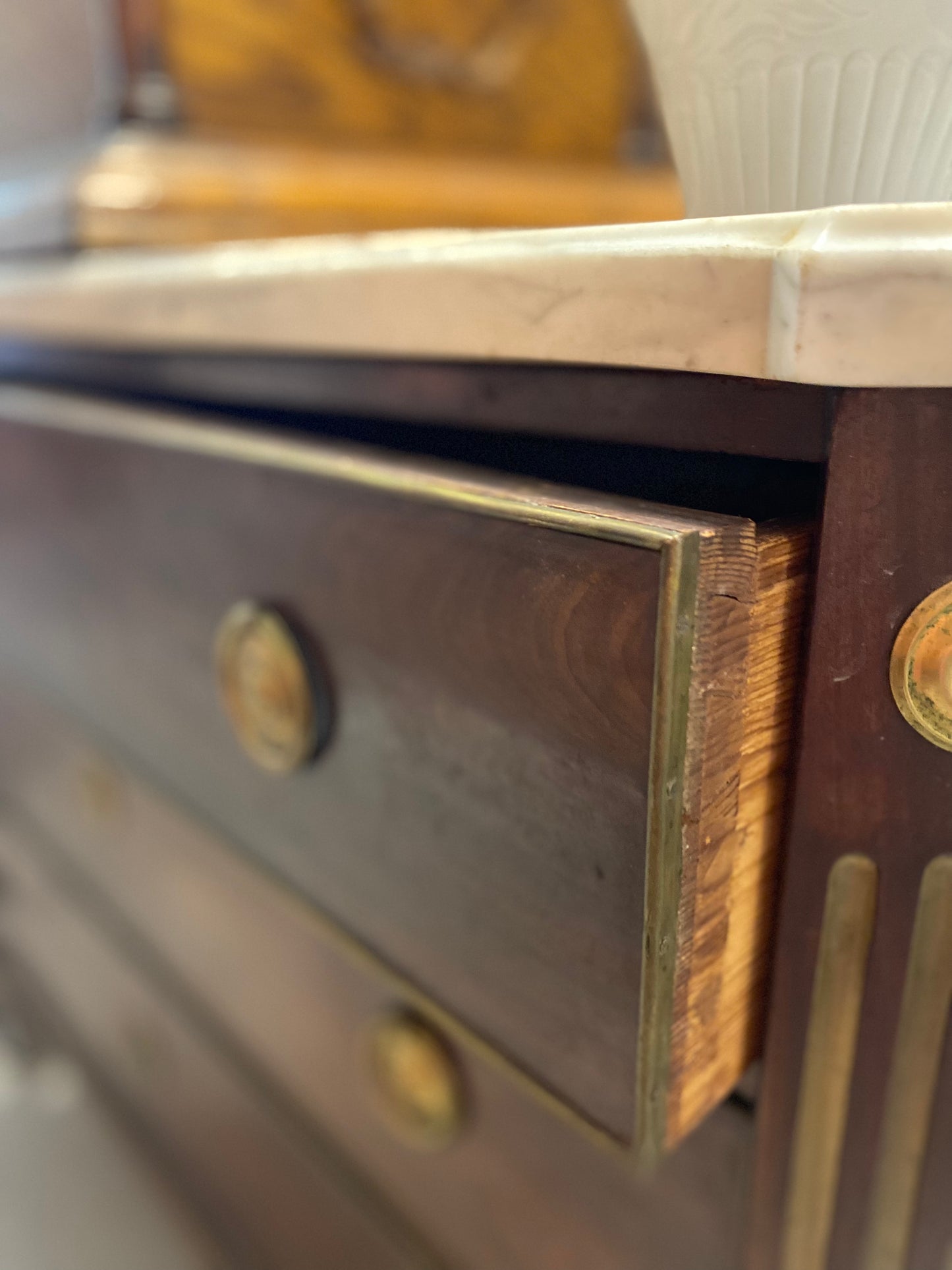 Antique 1890's Marble Top Dresser with Brass overlay knobs and embellishments