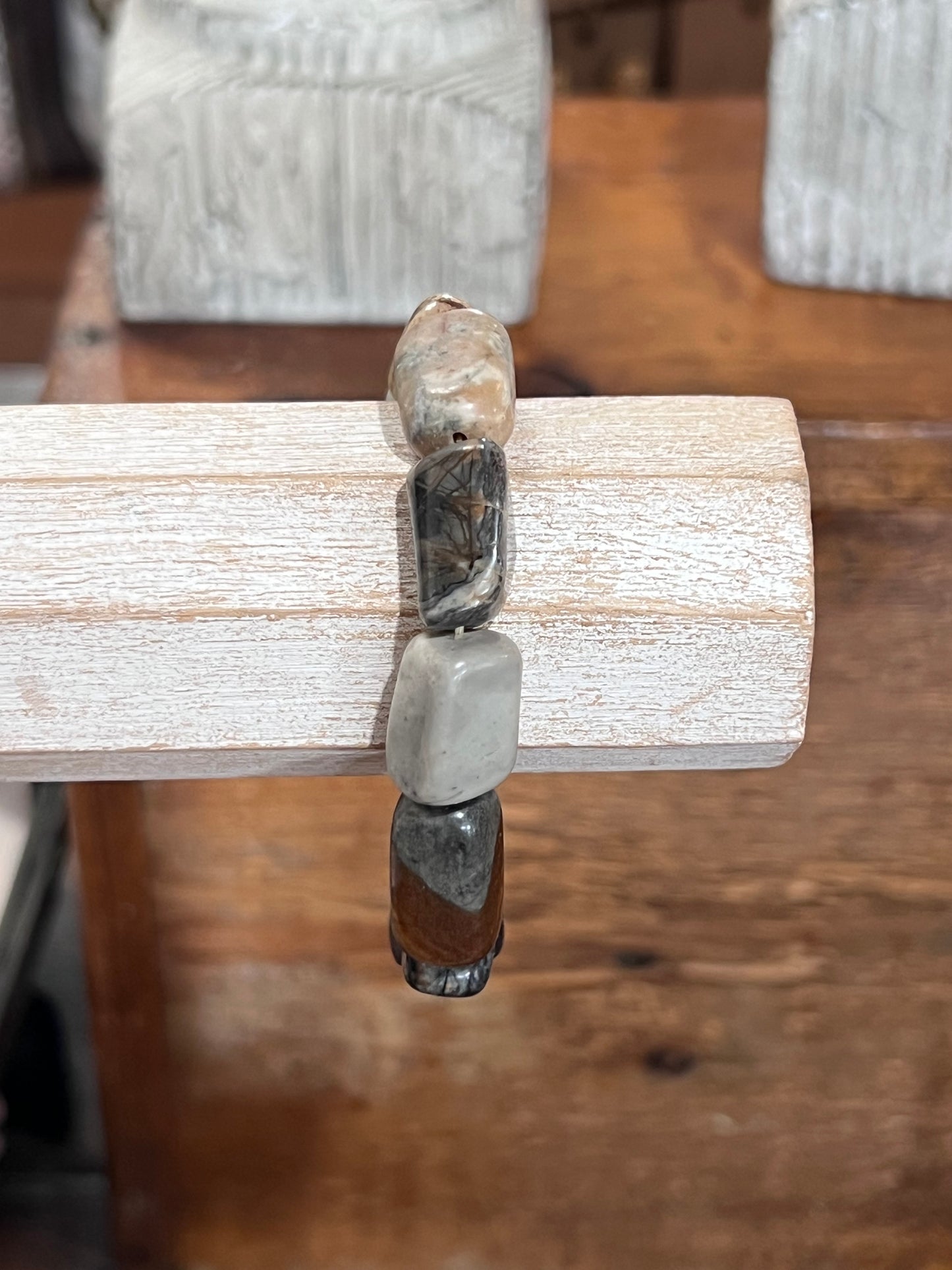 Natural Picasso Jasper Rectangular Chunky Bead Stretch Bracelet