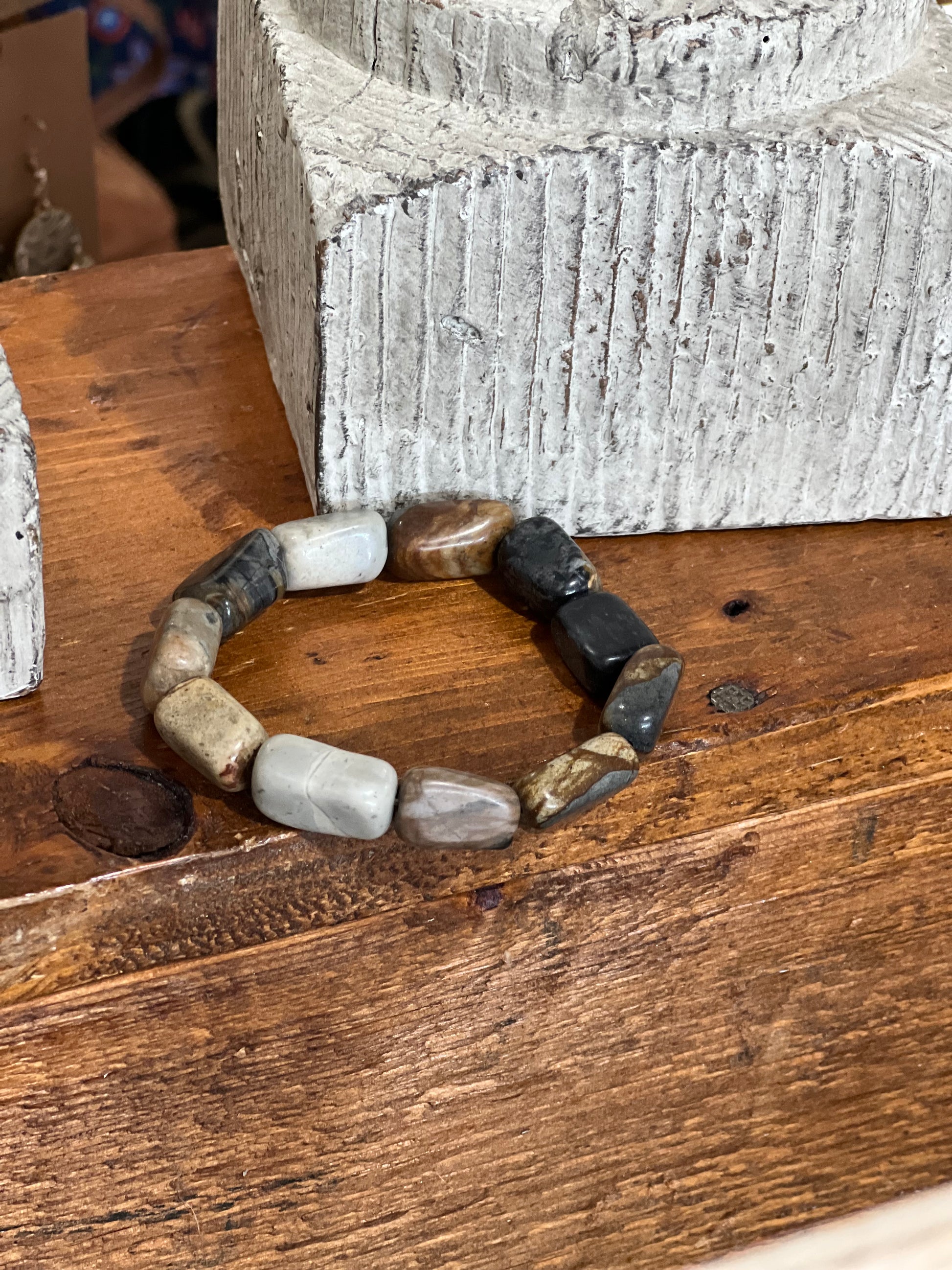 Natural Picasso Jasper Rectangular Chunky Bead Stretch Bracelet