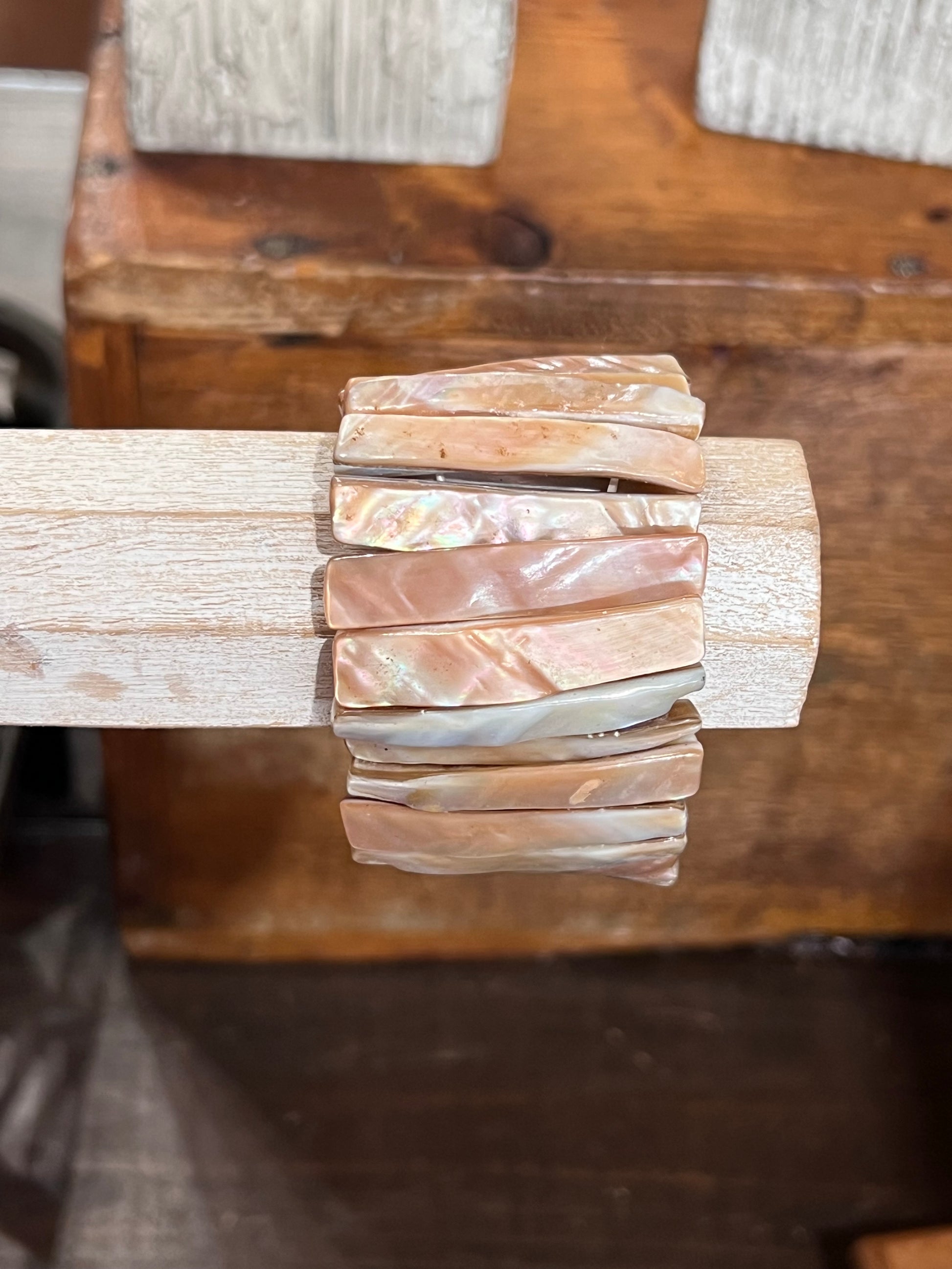 Natural Iridescent Mother of Pearl Shell Wide Stretch Cuff Bracelet