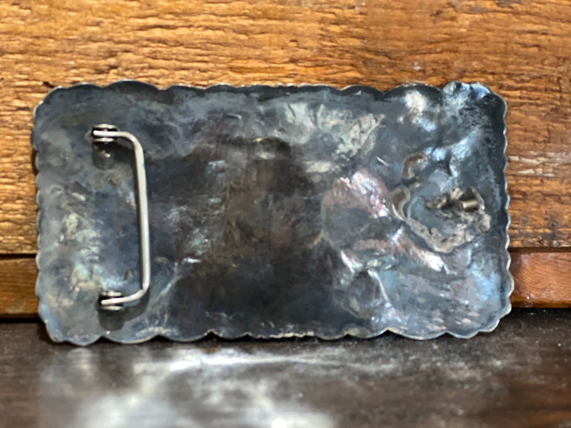 **confirm metal before posting... Vintage Southwestern Three-Stone Turquoise Scalloped Belt Buckle Turkey Creek Donations