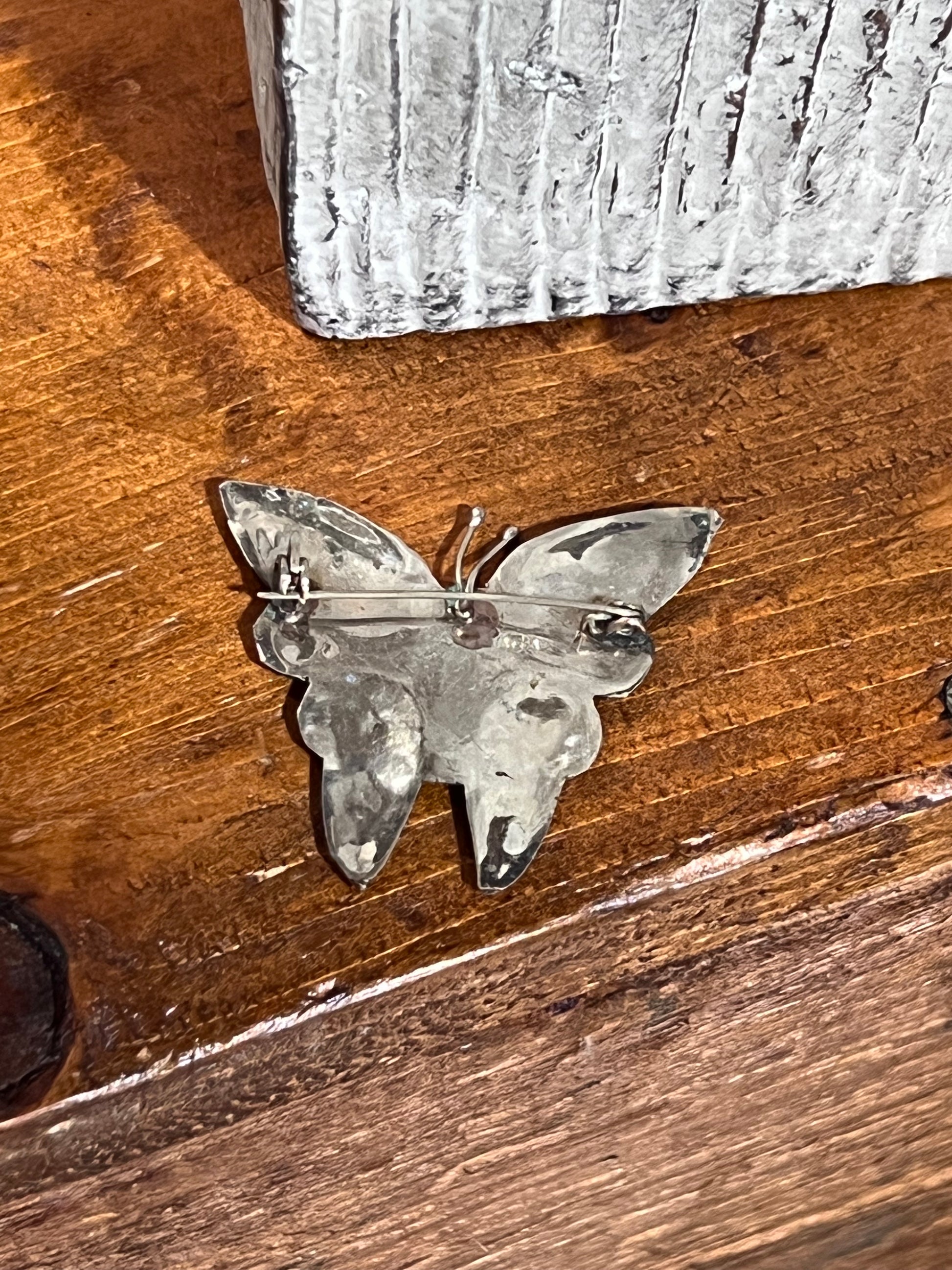 Vintage Mexican Alpaca Silver &amp; Inlaid Abalone Butterfly Brooch