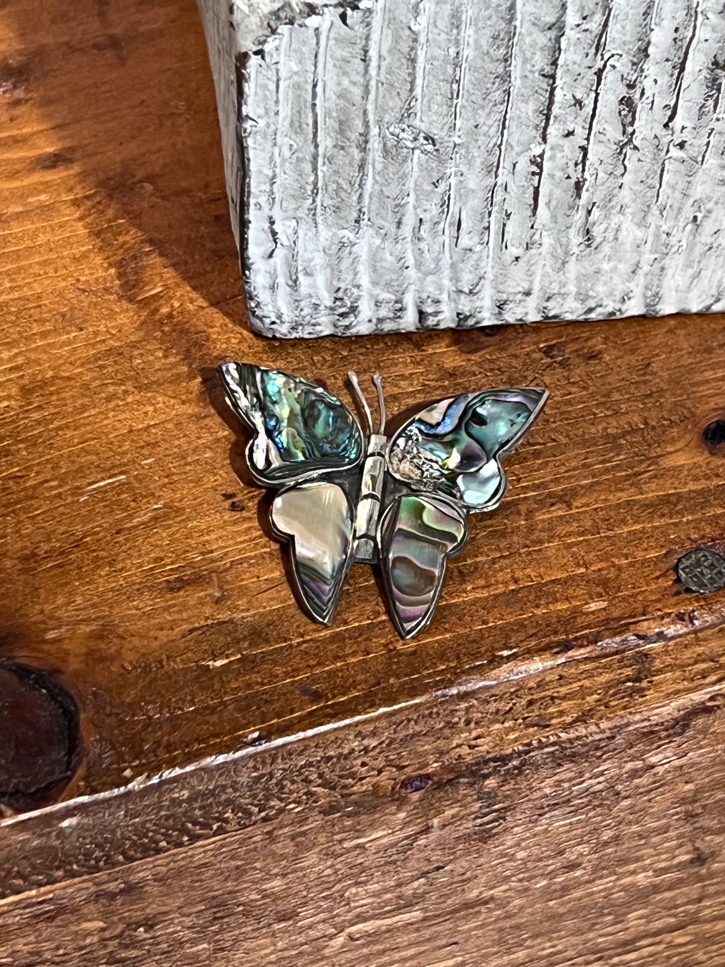 Vintage Mexican Alpaca Silver &amp; Inlaid Abalone Butterfly Brooch