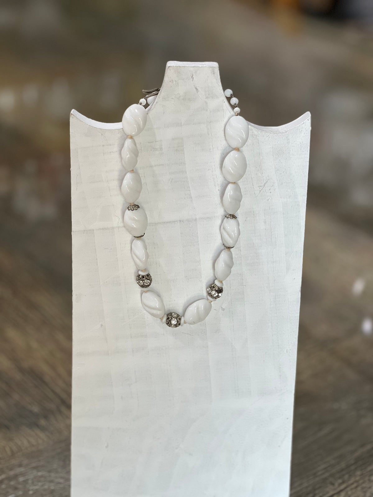Vintage Mid-Century Signed West Germany Milk Glass and Rhinestone Choker Necklace