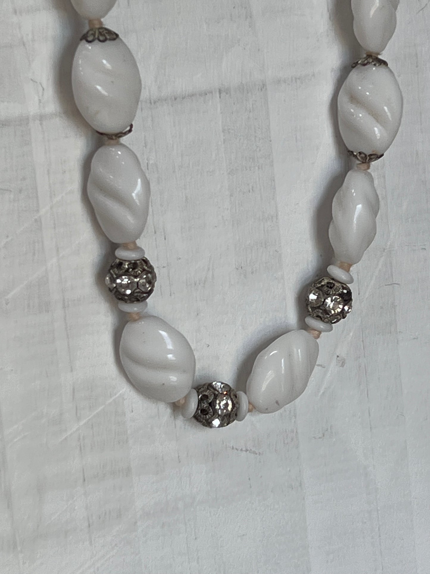 Vintage Mid-Century Signed West Germany Milk Glass and Rhinestone Choker Necklace