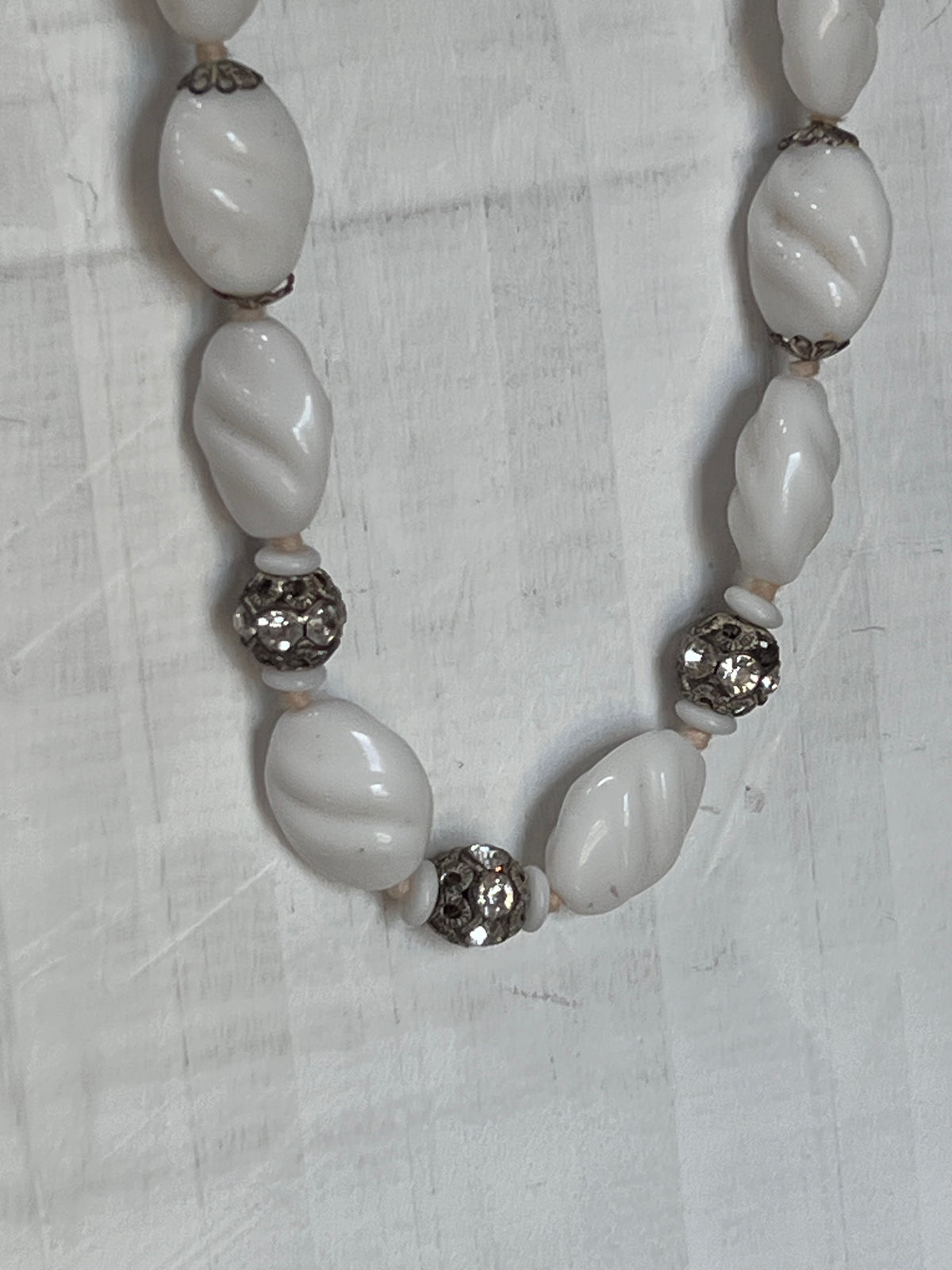 Vintage Mid-Century Signed West Germany Milk Glass and Rhinestone Choker Necklace