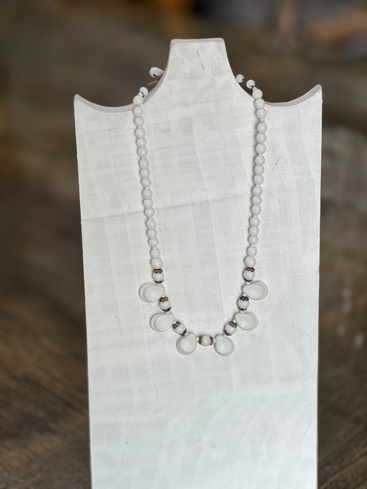Vintage Mid-Century Signed West Germany Milk Glass Teardrop Fringe Necklace