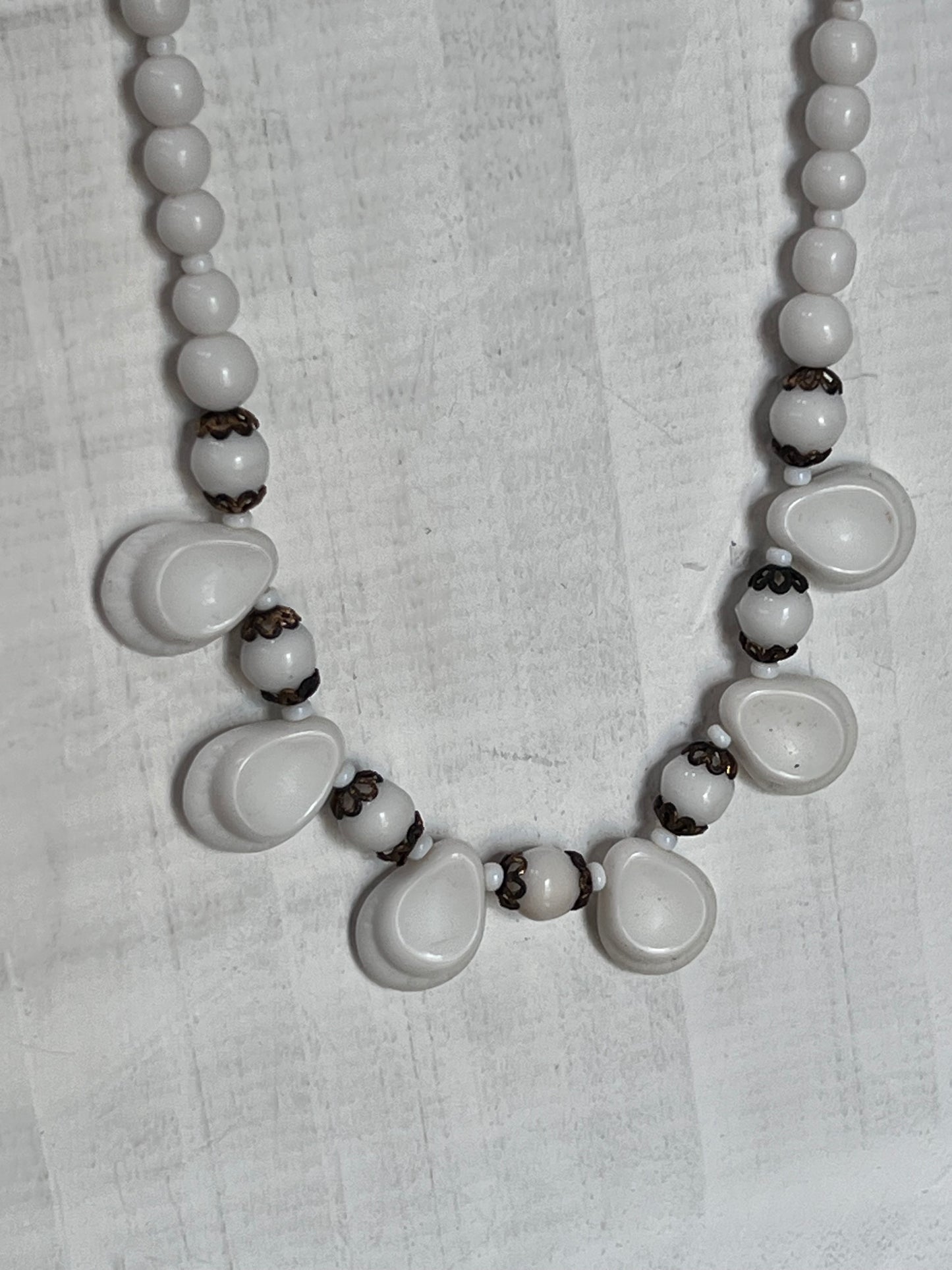 Vintage Mid-Century Signed West Germany Milk Glass Teardrop Fringe Necklace
