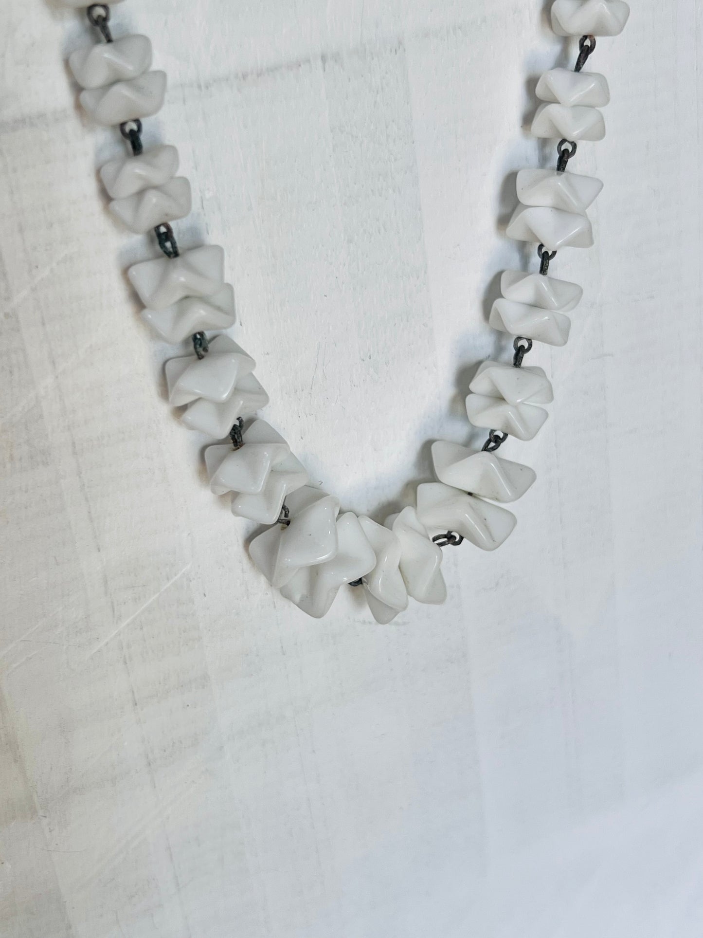 Vintage Mid-Century Signed Western Germany Sculpted Milk Glass X-Link Necklace