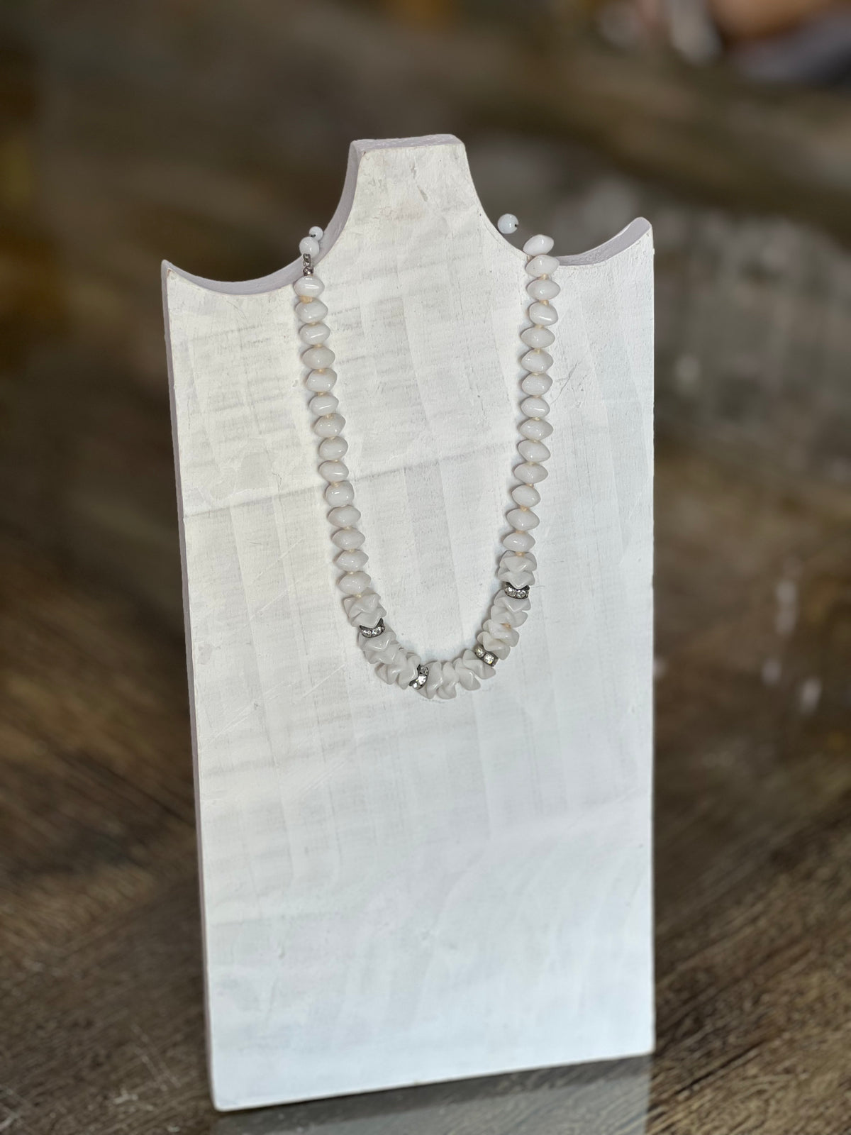 Vintage Mid-Century Signed West Germany Sculpted Milk Glass and Rhinestone Collar Necklace