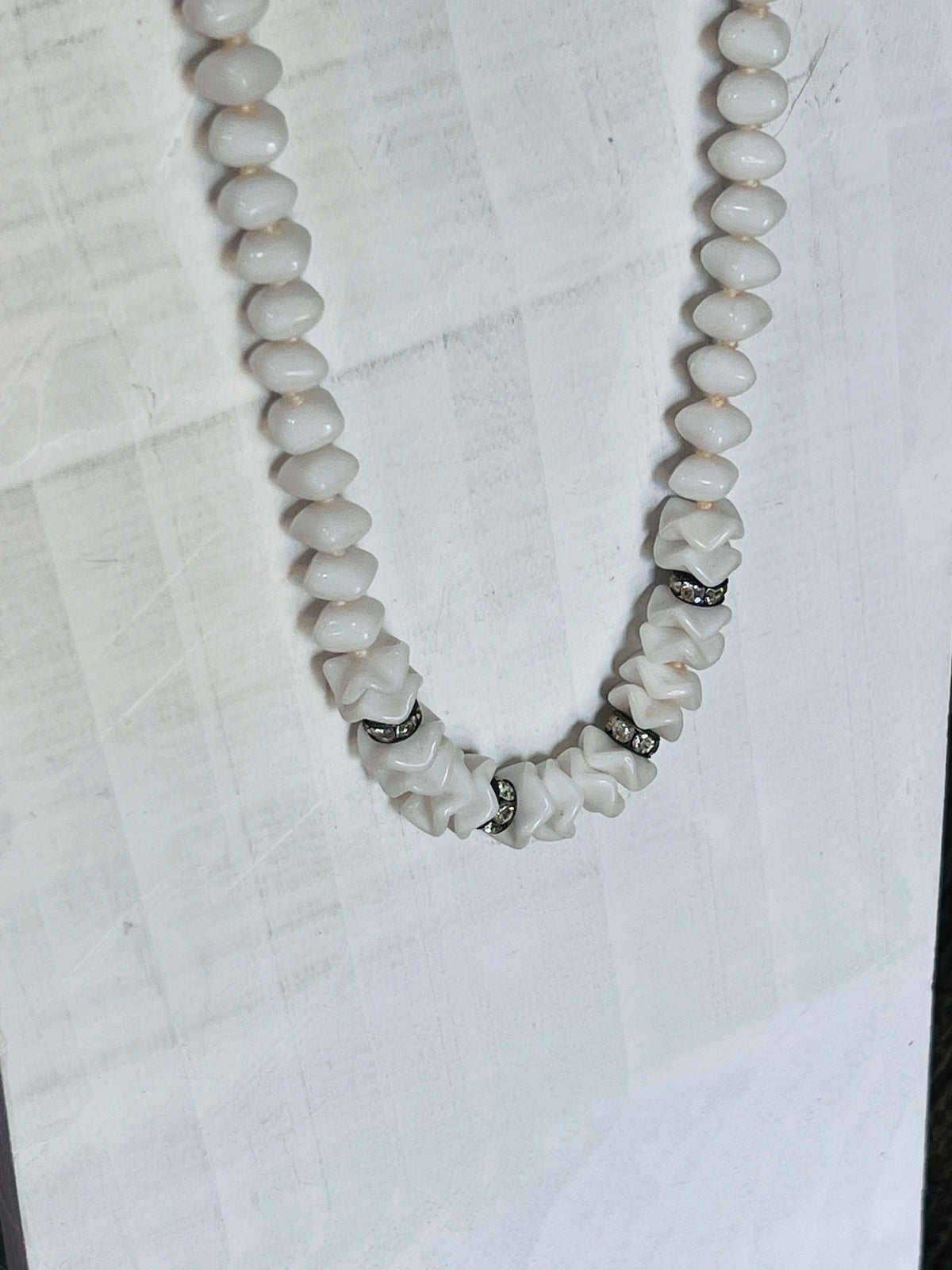 Vintage Mid-Century Signed West Germany Sculpted Milk Glass and Rhinestone Collar Necklace