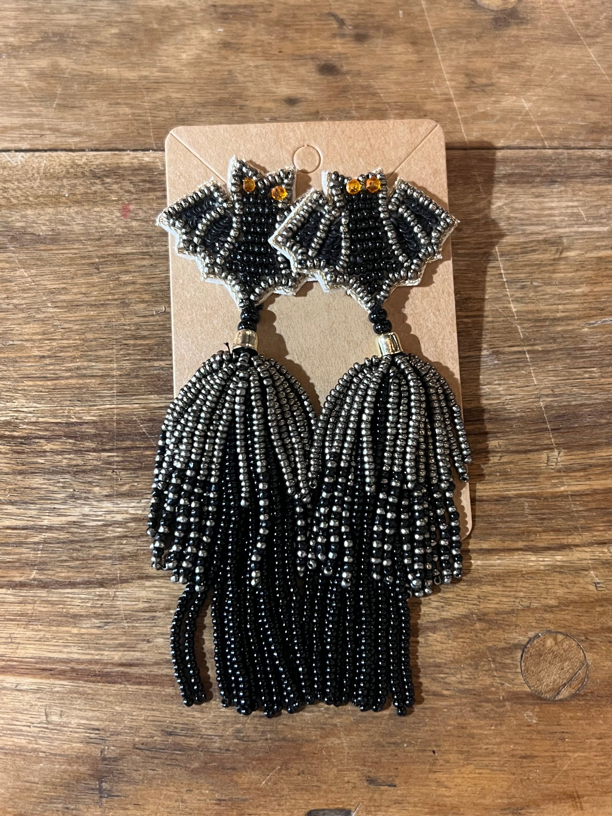Beaded Bat Statement Tassel Earrings
