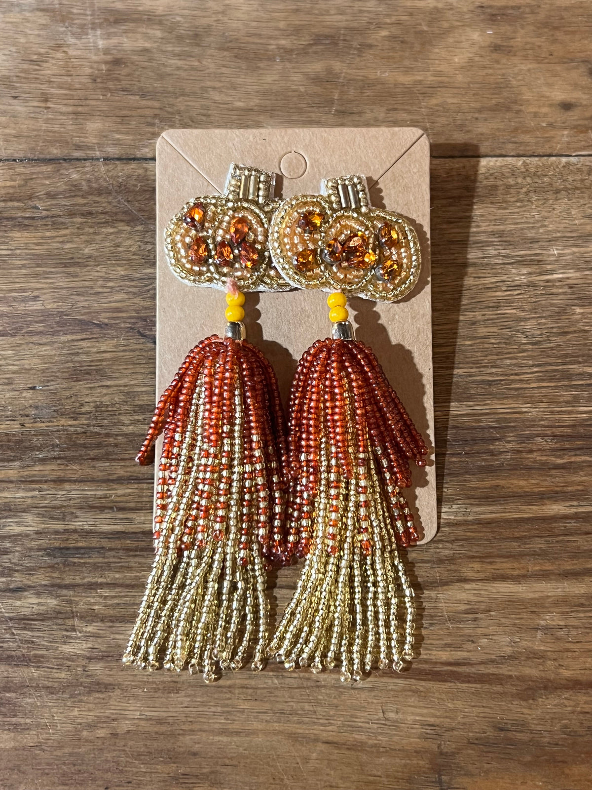 Golden Harvest Pumpkin Beaded Statement Tassel Earrings