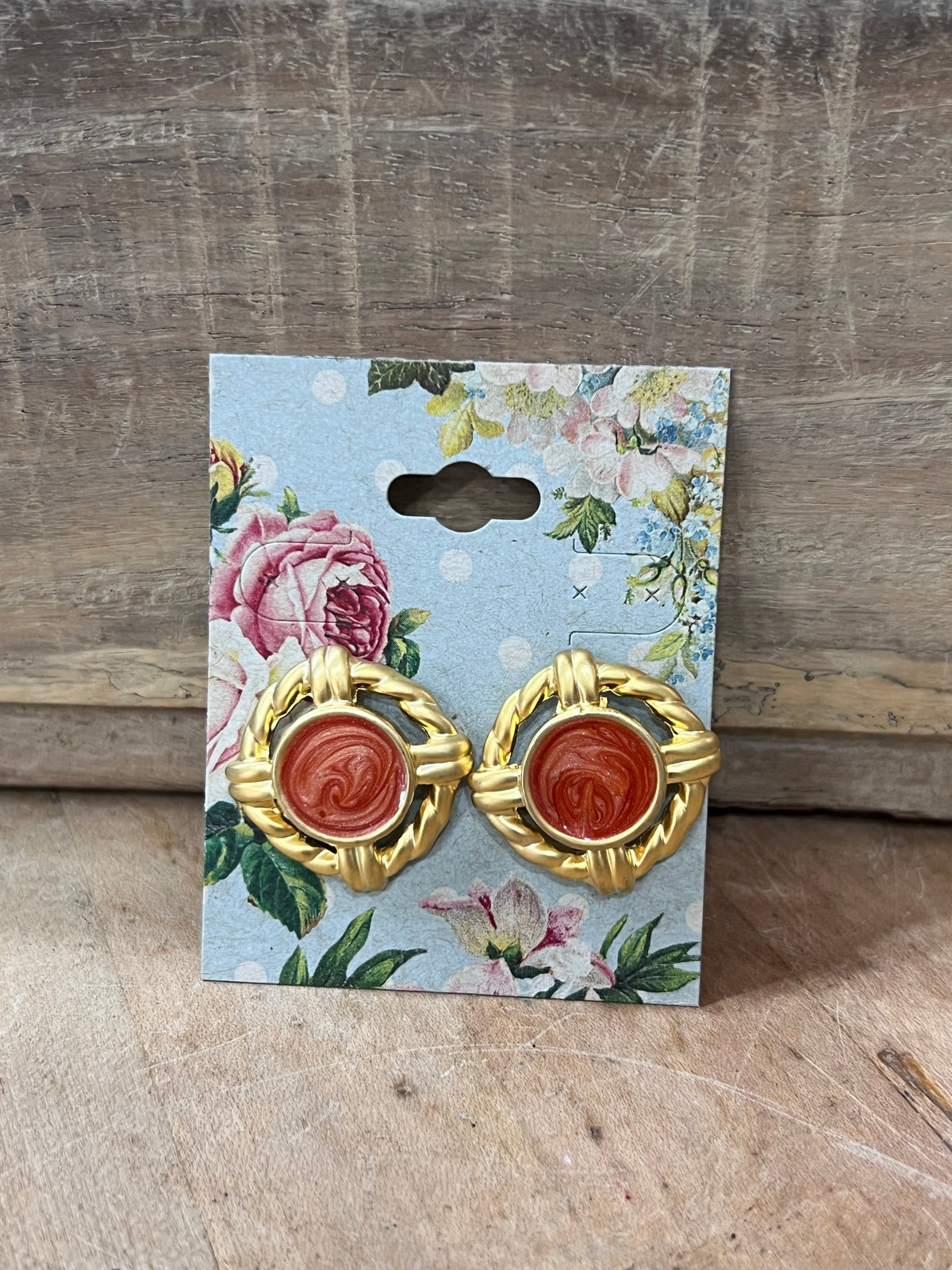 Vintage Retro Gold Rope Border Stud Earrings – 0.75" Swirled Terracotta Copper Enamel Post Earrings
