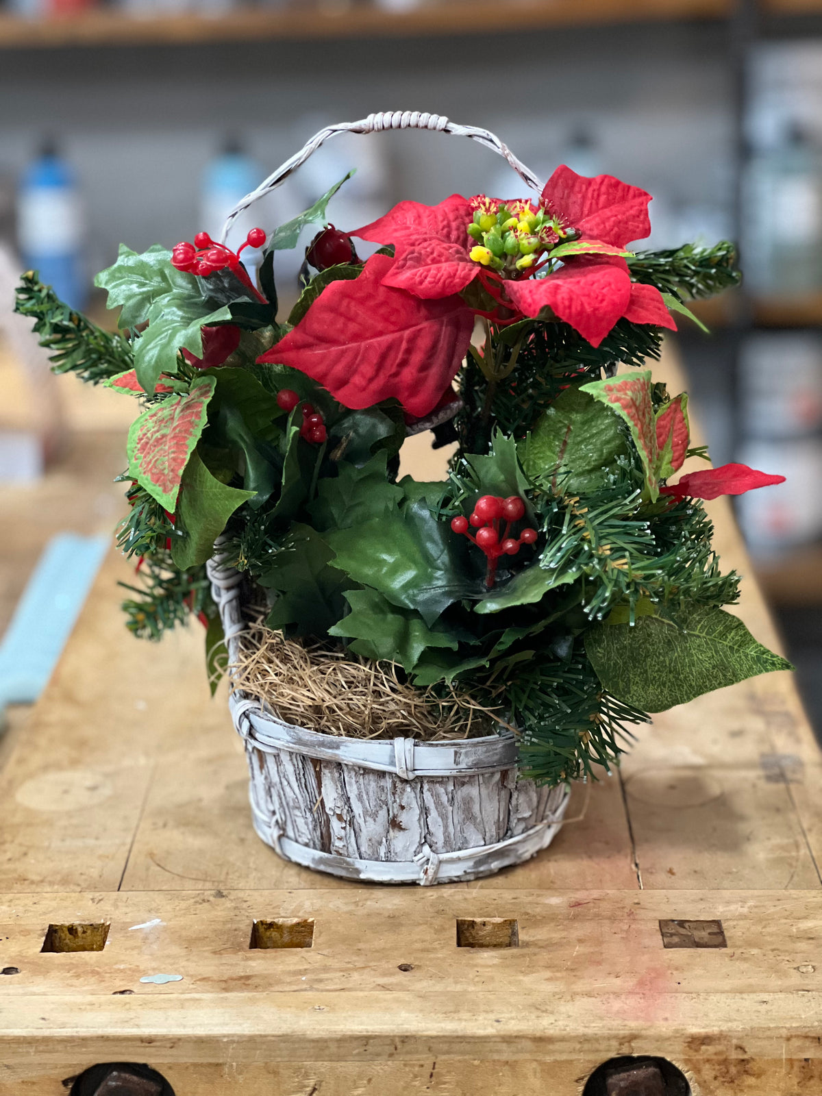 Artificial Christmas Poinsettia and Santa Basket Arrangement
