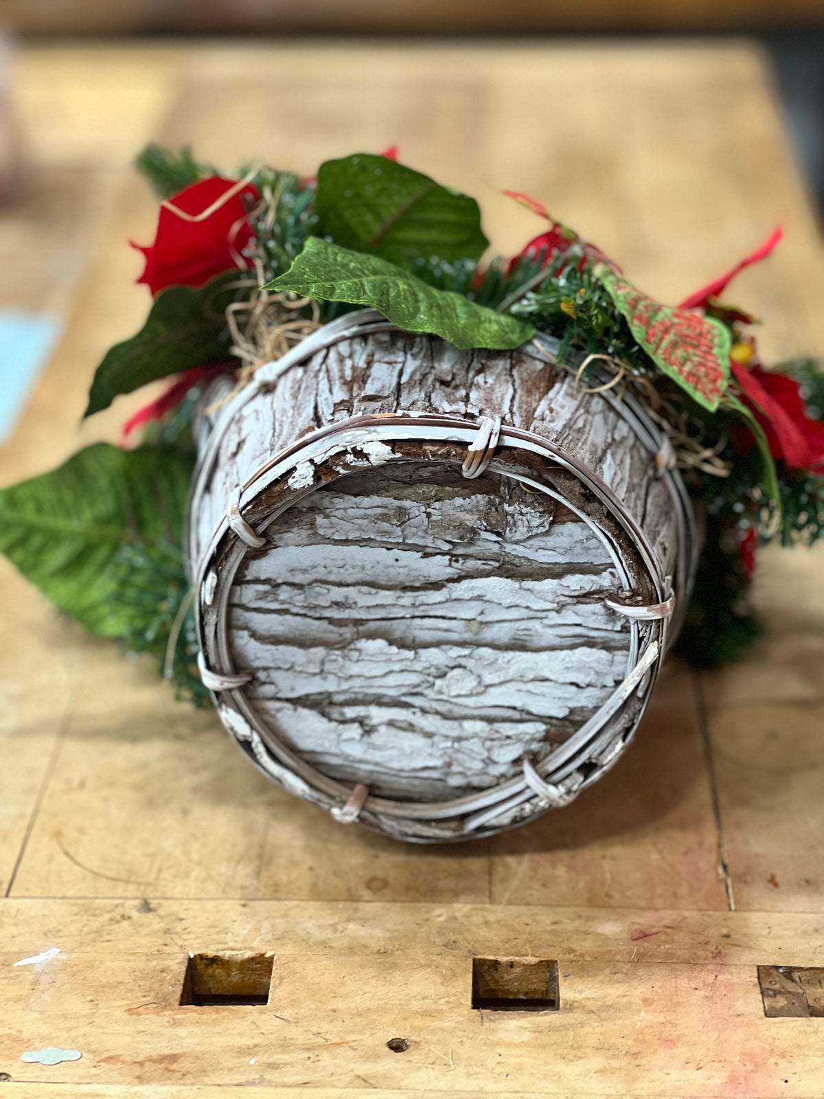 Artificial Christmas Poinsettia and Santa Basket Arrangement