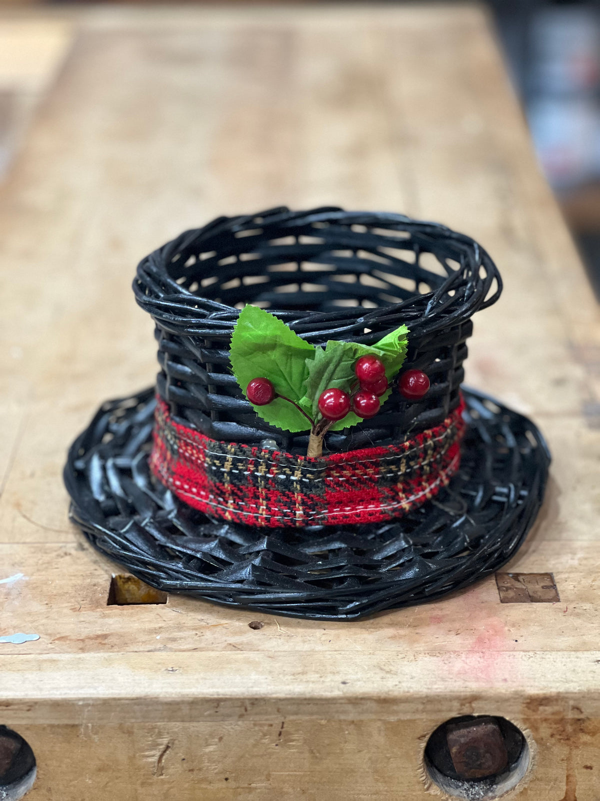 Snowman Top Hat Wicker Planter and Gift Basket