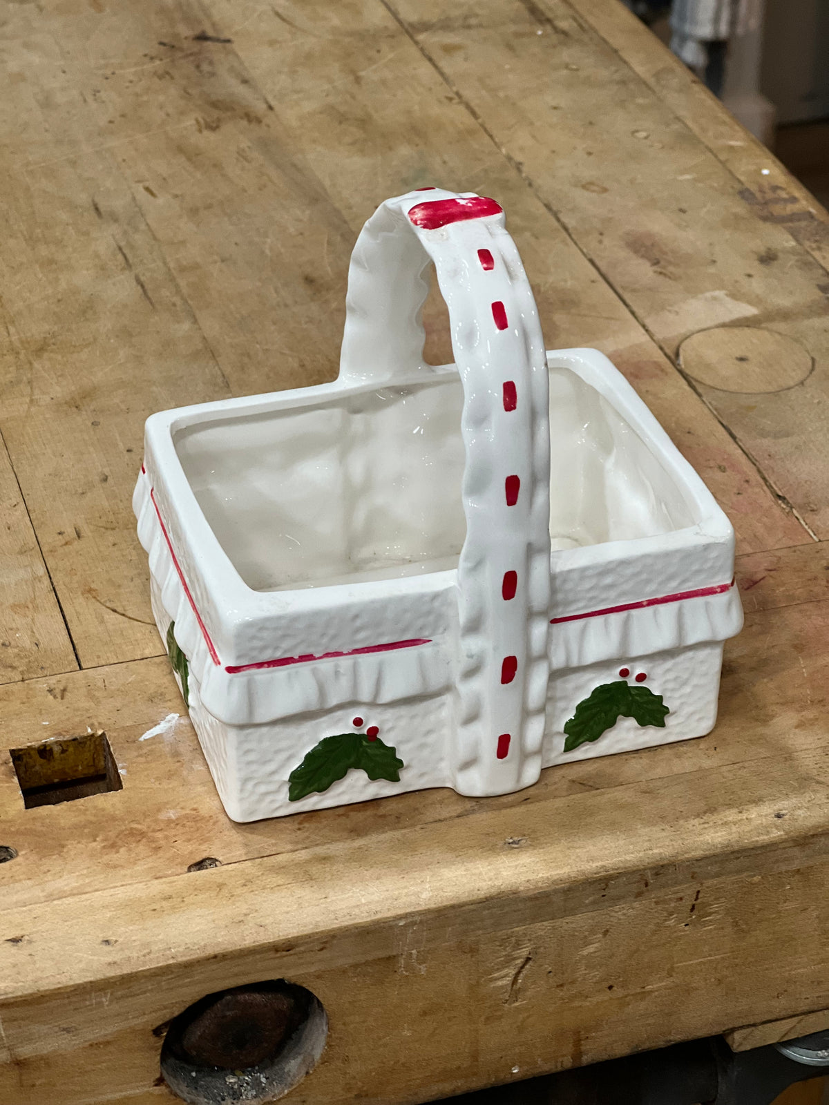 Vintage Ceramic Holly & Berry Ruffled Christmas Basket Planter