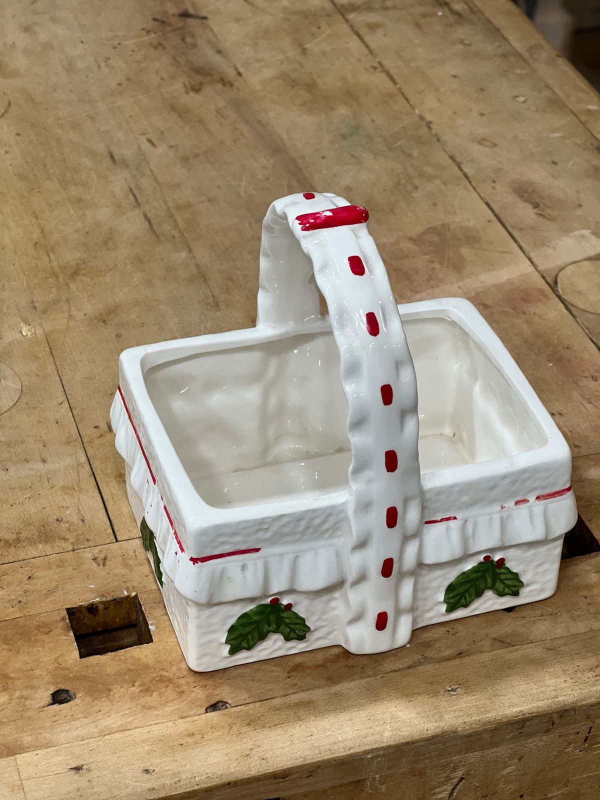Vintage Ceramic Holly & Berry Ruffled Christmas Basket Planter