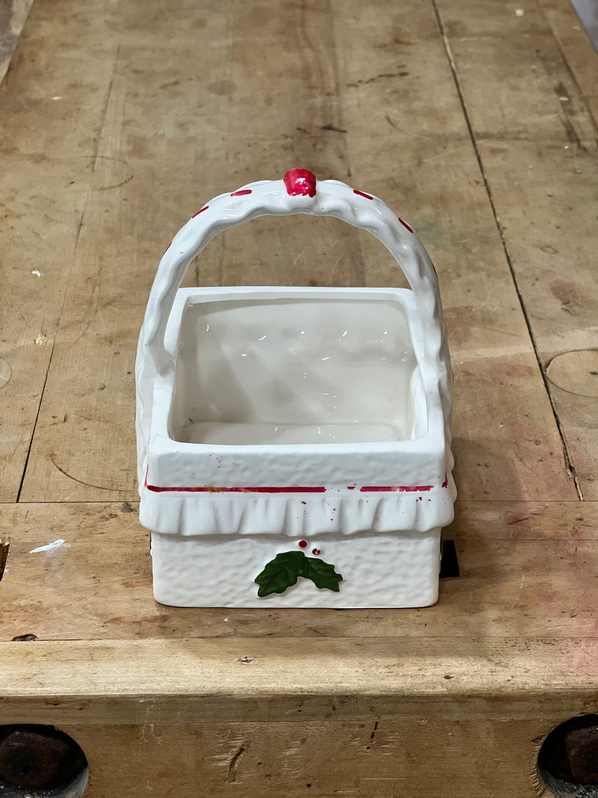 Vintage Ceramic Holly & Berry Ruffled Christmas Basket Planter