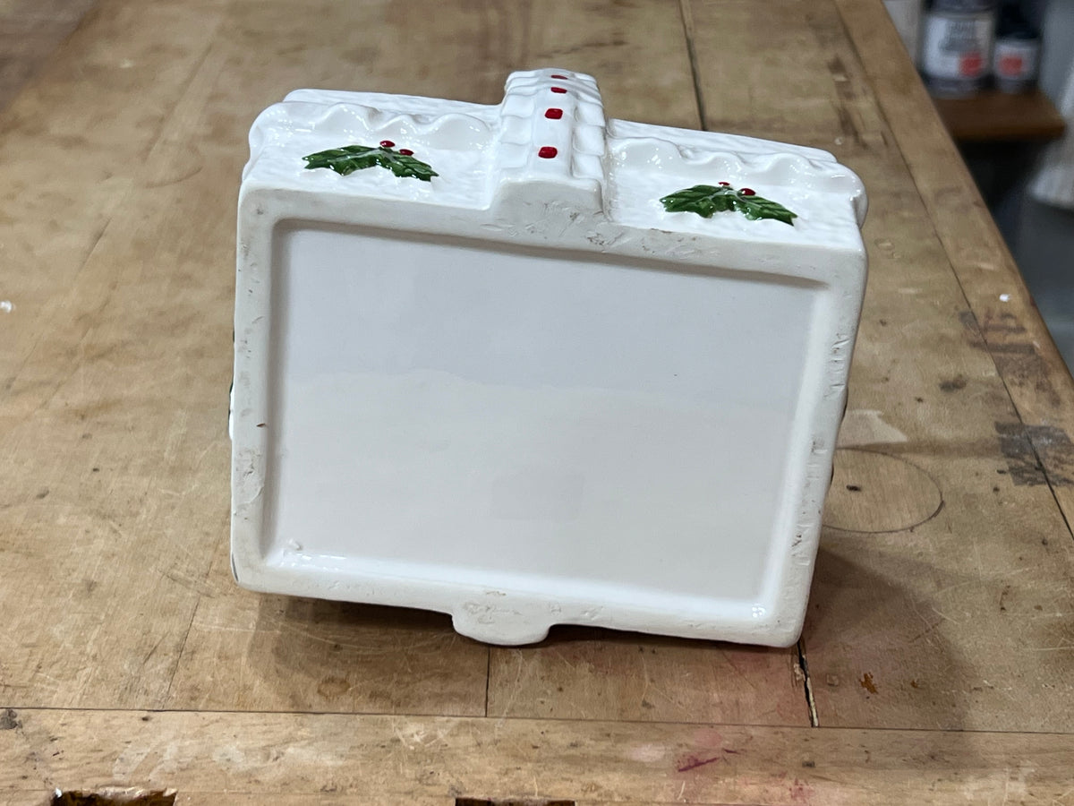 Vintage Ceramic Holly & Berry Ruffled Christmas Basket Planter